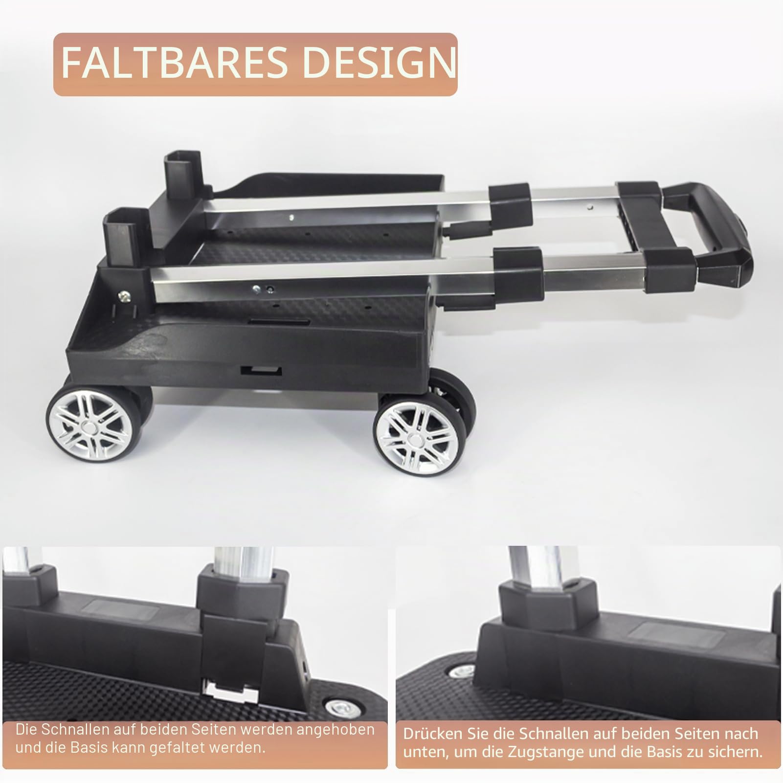 Rucksack Trolley Rollwagen, Faltbare Aluminiumlegierung Handkarre mit Randbasis, 4 Räder, Gepäckwagen mit Gepäckgurt für Kinder, Jugendliche, Erwachsene, Schule, Reisen, Black-L08