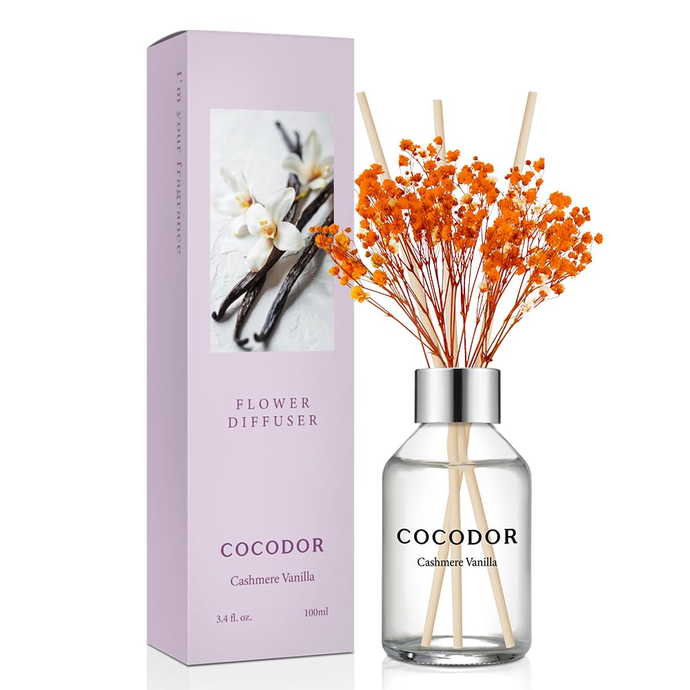 COCODOR Flower Reed Diffuser Set / 3.4oz / Cashmere Vanilla/Scent Diffuser with Sticks Home Fragrance Reed Diffuser for Bathroom Shelf Decor