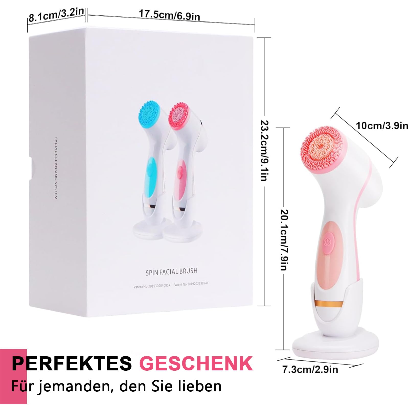 Maxspace Gesichtsreinigungsbürste, IPX7 Wasserdichte Gesichtsbürste Elektrisch mit 3 Bürstenköpfen und 2-stufige Rotation, Reinigungsbürste Gesicht für Gesichtsreinigung Exfoliation (Rosa)