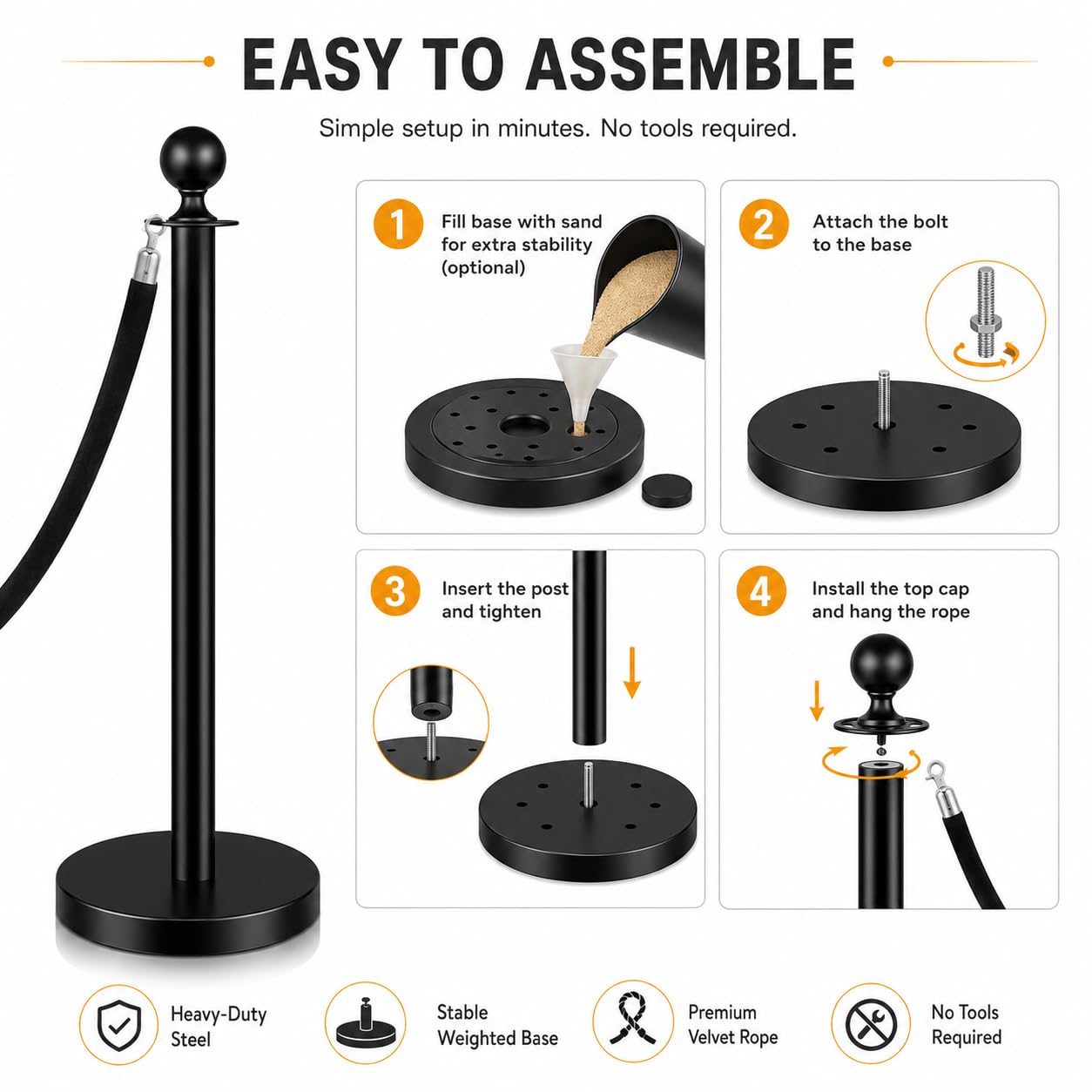 Stainless Steel Barrier Posts with Rope - Barrier Stand Ball Head Person Guide System for Events, Garden & Lawn - Decorative, Black, 8 Pieces