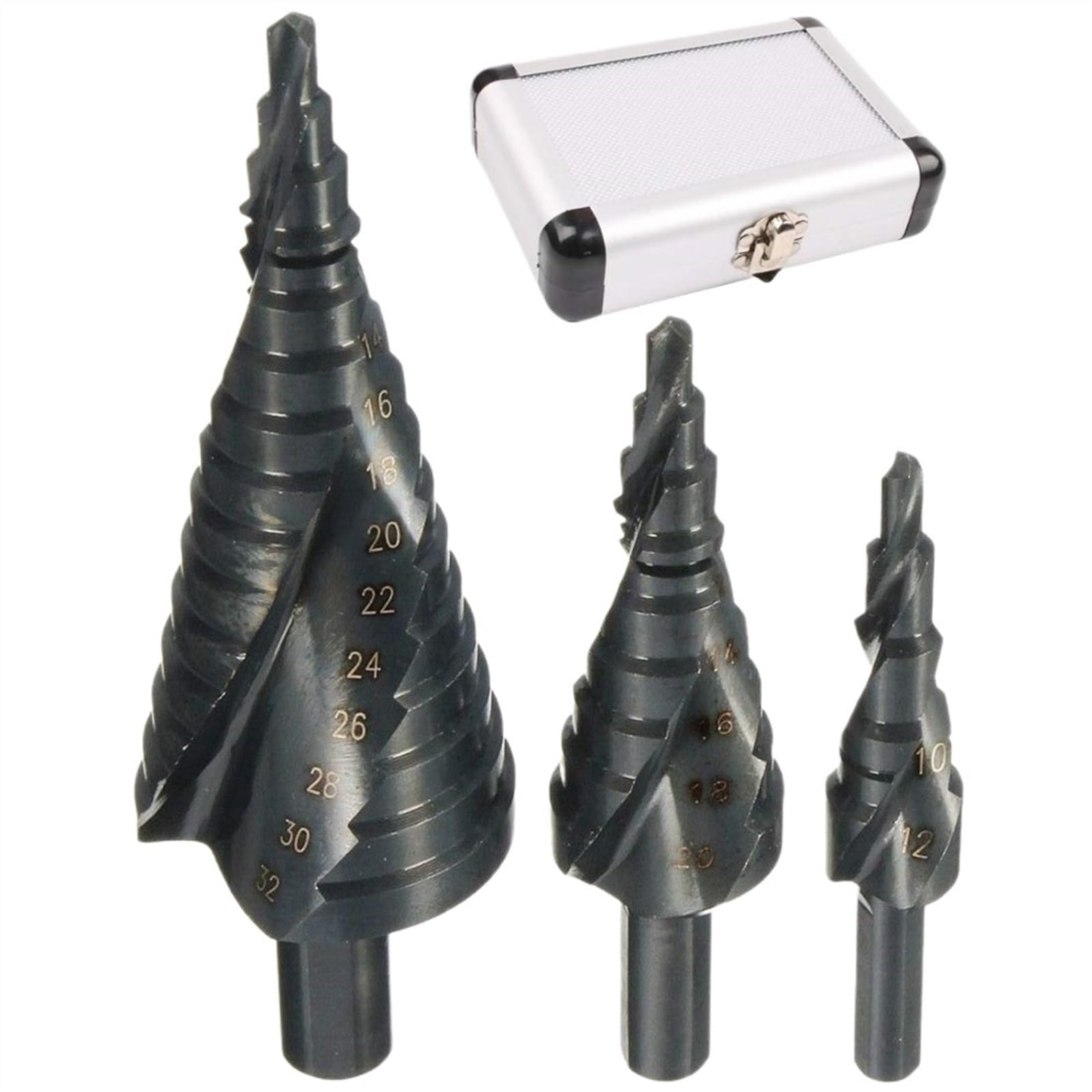 Zestaw gwintowników, Zestaw wierteł stopniowych HSS z kobaltem i azotem, 4-32 mm, trzpień trójkątny do metalu(3pcs with Box)