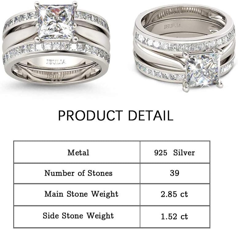 Jeulia 4.37 Carat Engraved Pricess Cut Cubic Zirconia Engagement Ring Diamond Wedding Bands for Women CZ Solitaire Sterling Silver Anniversary Bridal Promise Rings Set - Image 3