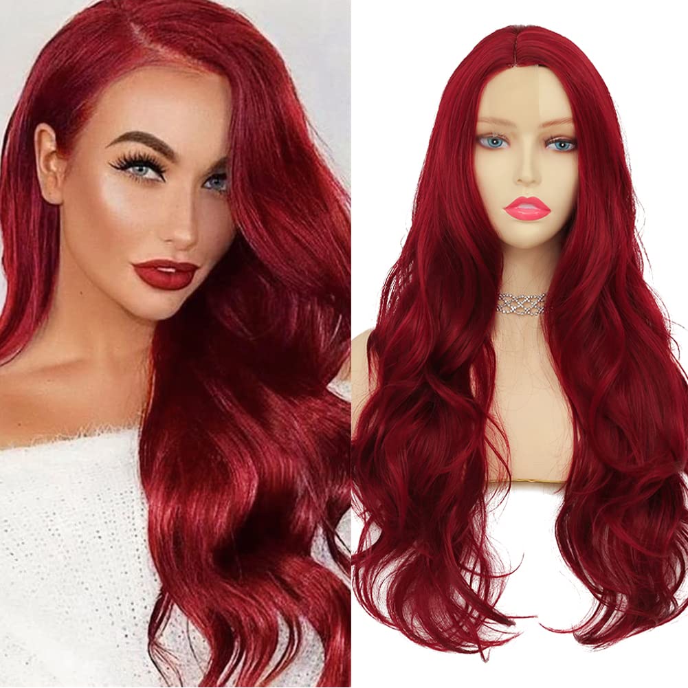 Red Long Curly Wavy Wigs for Women Natural Side Part Cosplay Halloween Synthetic Fiber Wig Heat Resistant Wig
