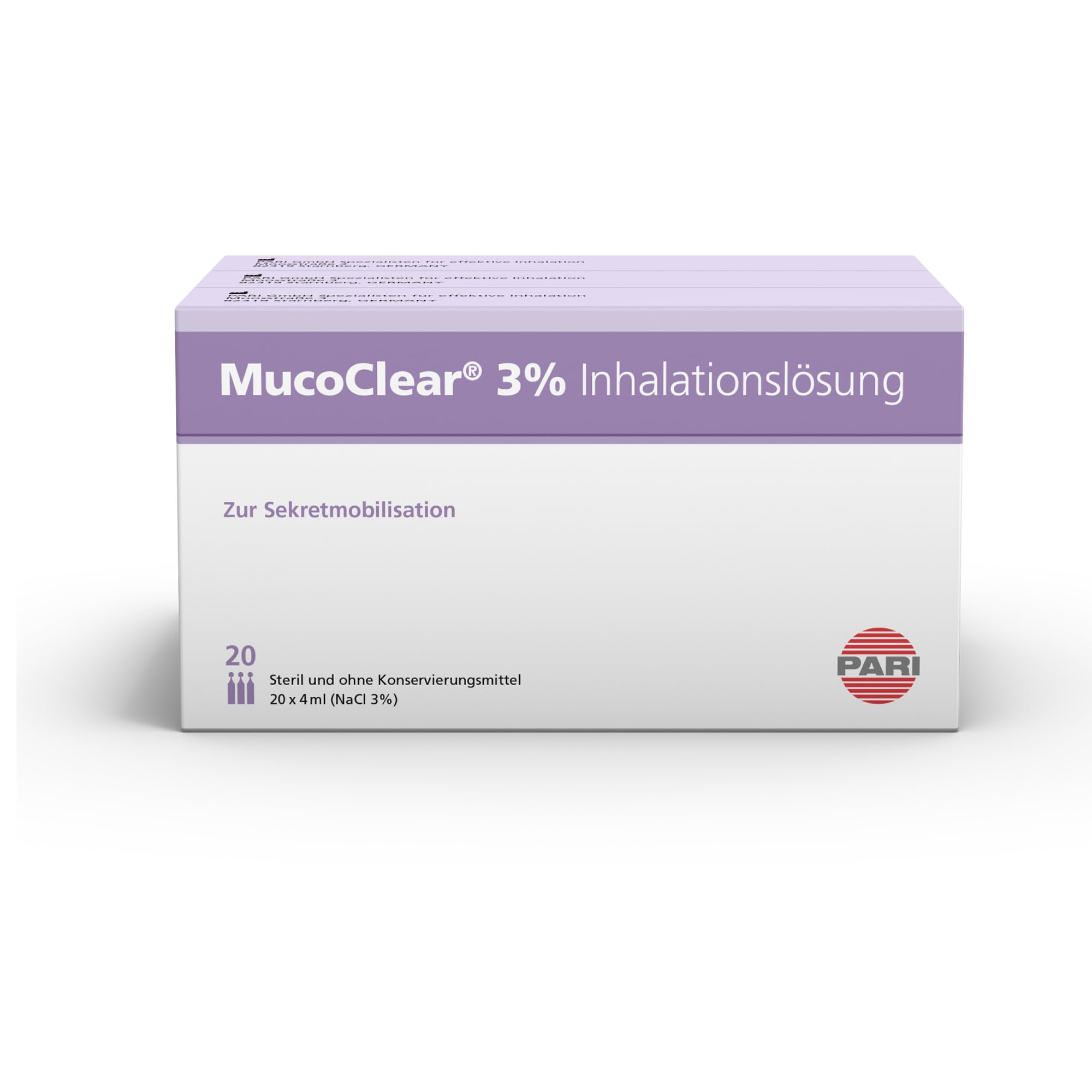 PARI MucoClear 3% NaCl Inhalationslösung - Hypertone Kochsalzlösung zum Inhalieren - 60 Ampullen je 4 ml