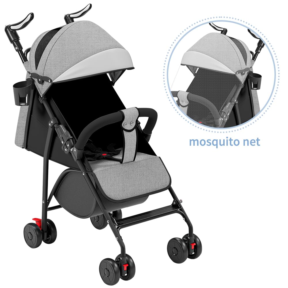 4 Poussette Canne, Légère, Suspension 4 Roues, Pliable, Harnais réglables à 5 points, Repose-pieds, Jusqu'à 22 kg - 47 * 72 * 97CM - Gris