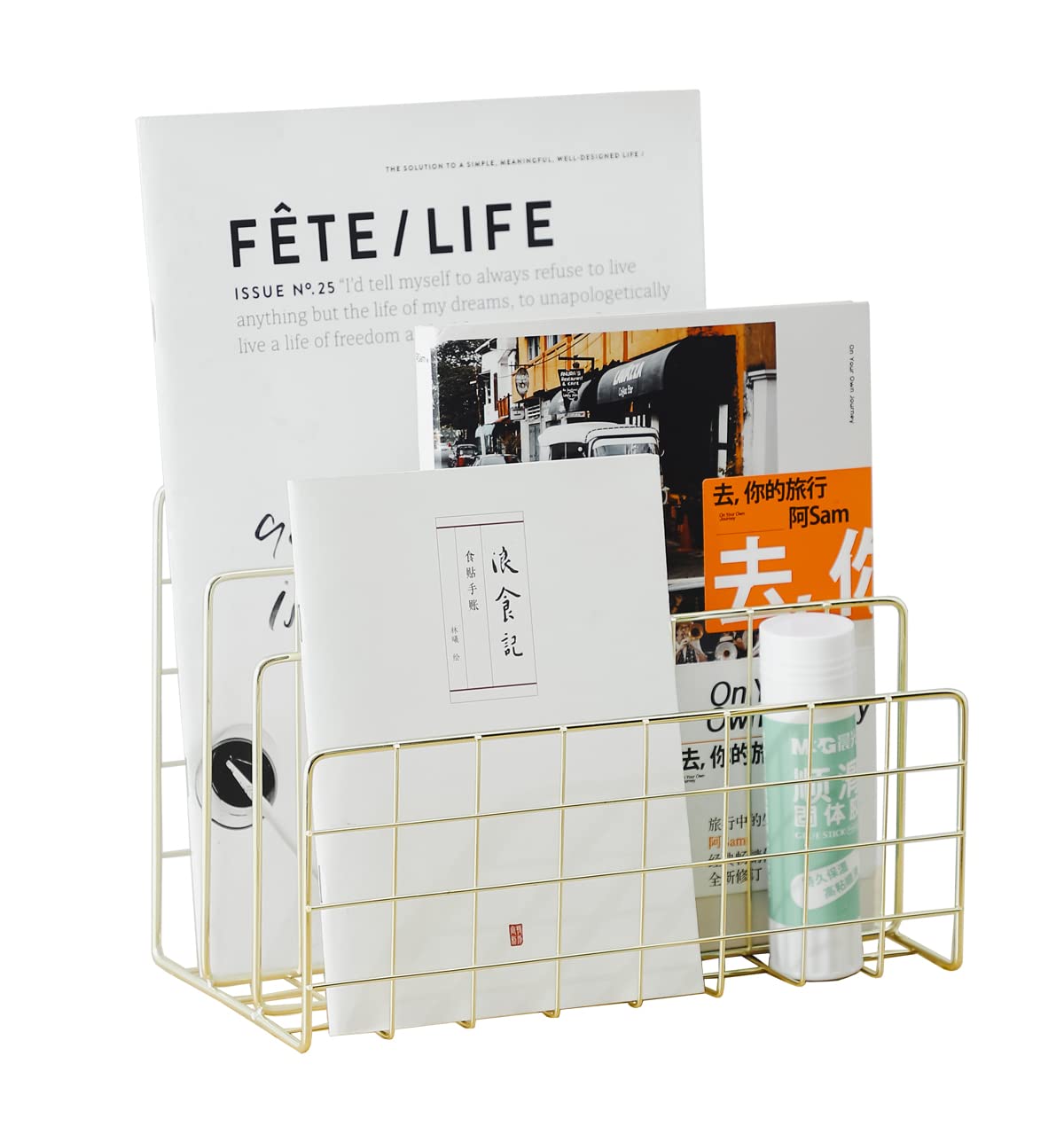 JIARI Decorative Book Organizer Magazine Holder 3-Slot, Desktop File Sorter Organizer Bookshelf Bookends Book End, Metal Bookend (Gold)