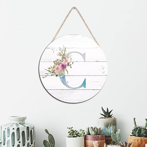 Vista 111 de Welcome Sign Front Decor Initial Letter B Round Wood Sign Monogram Purple Floral Wooden Plaque Blossom Floral 10in Country Wood Hanging Signs for