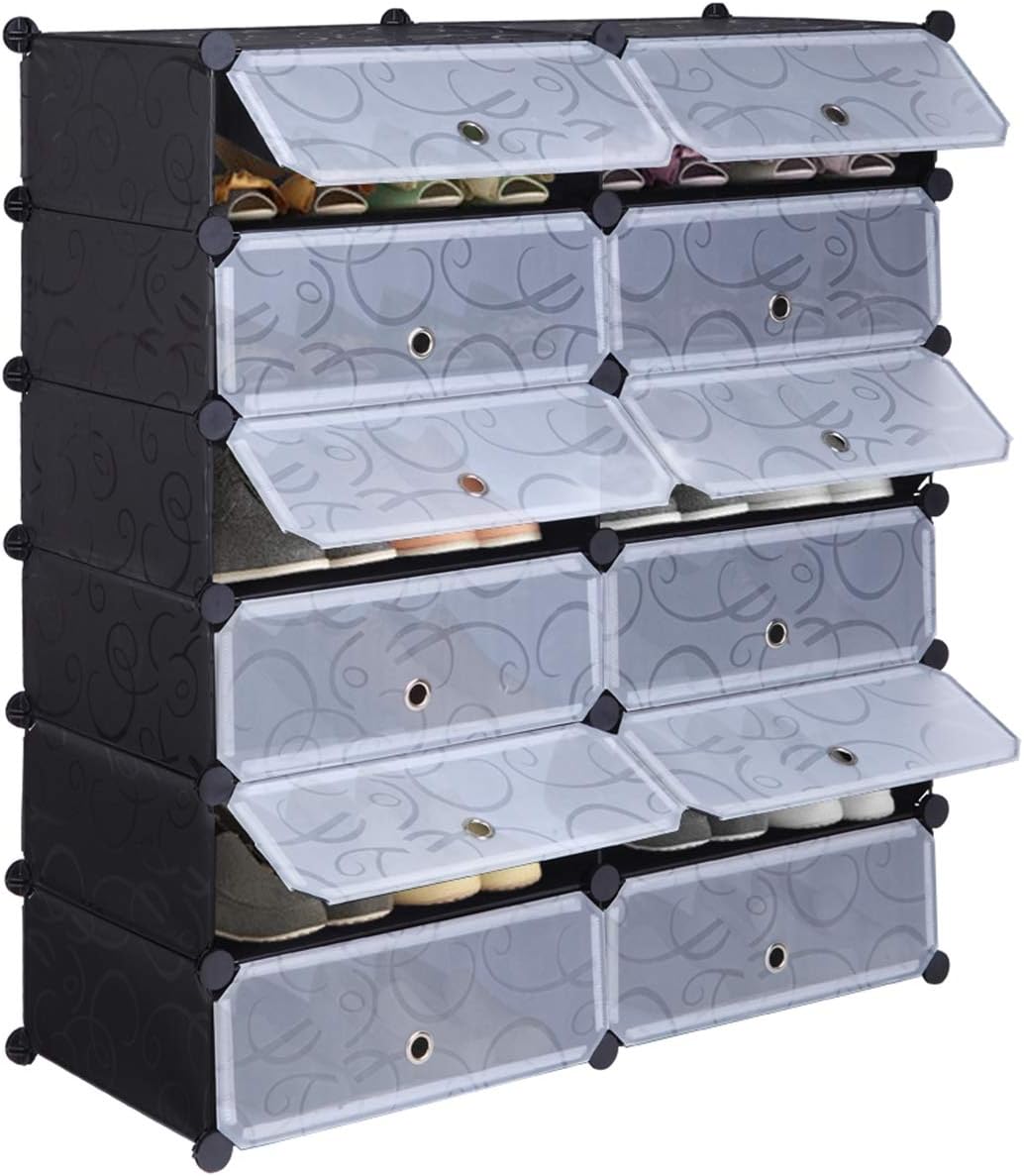 12-Cube Shoe Rack, DIY Plastic Storage Organizer,Modular Closet Cabinet with Doors Shoerack Storage Organizer MITPATY