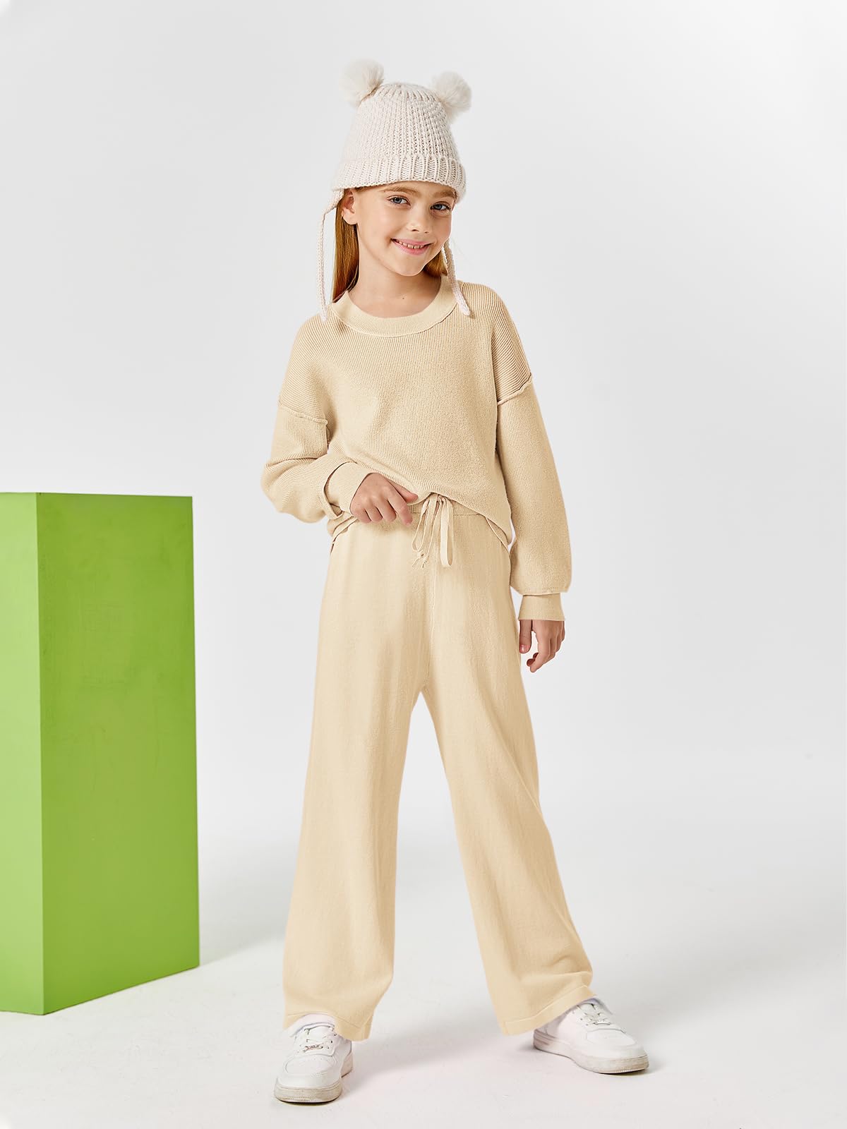 Haloumoning Conjunto de 2 piezas para niñas de manga larga con cuello redondo y cordón de ajuste de pierna ancha y pantalones largos, 5-14T