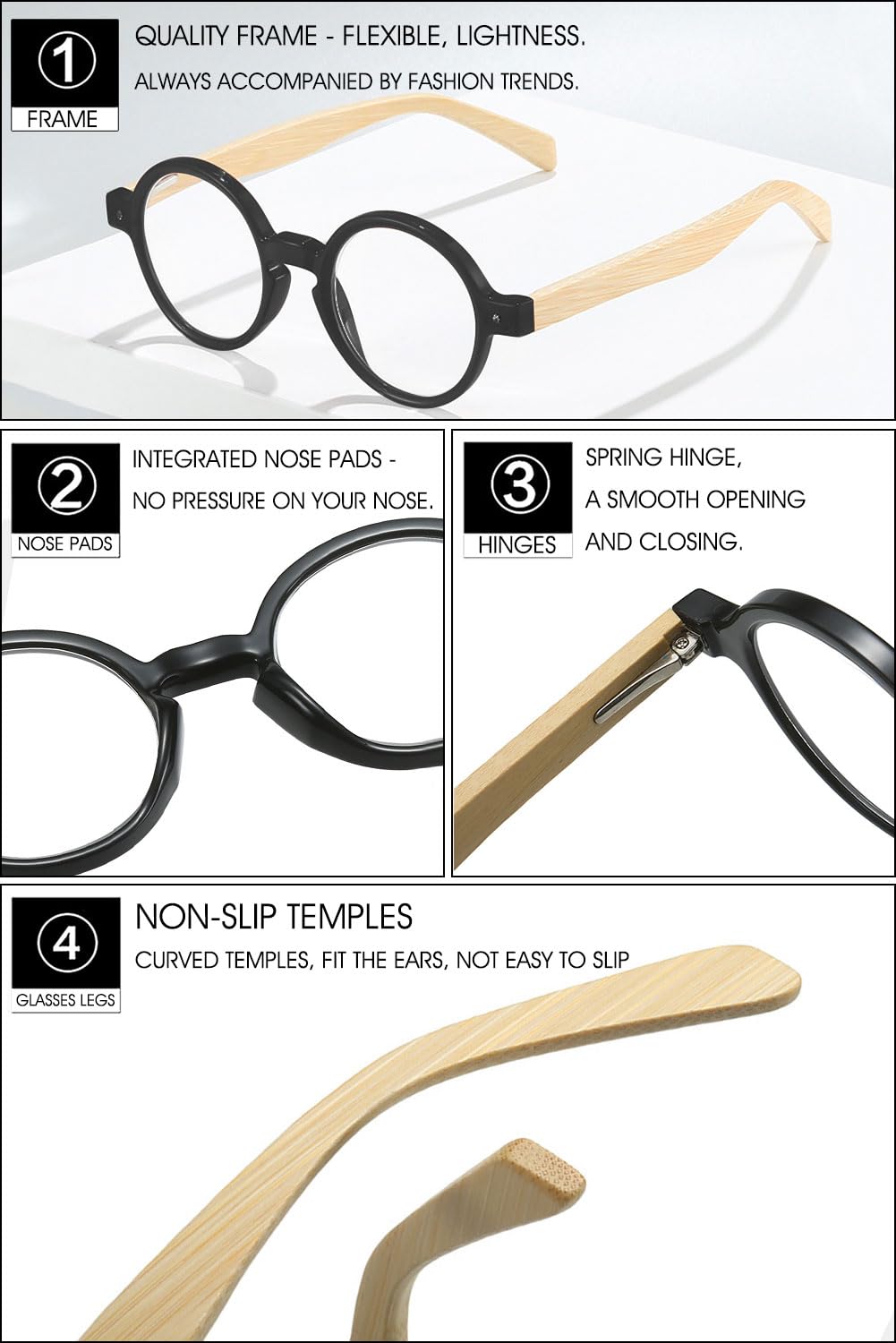 VEVESMUNDO Retro Runde Lesebrille Vintage Herren Damen Holz Kunststoff Holzbügel Sehhilfe Lesehilfe Brillen +1.0,+1.5,+2.0,+2.5,+3.0,+3.5,+4.0