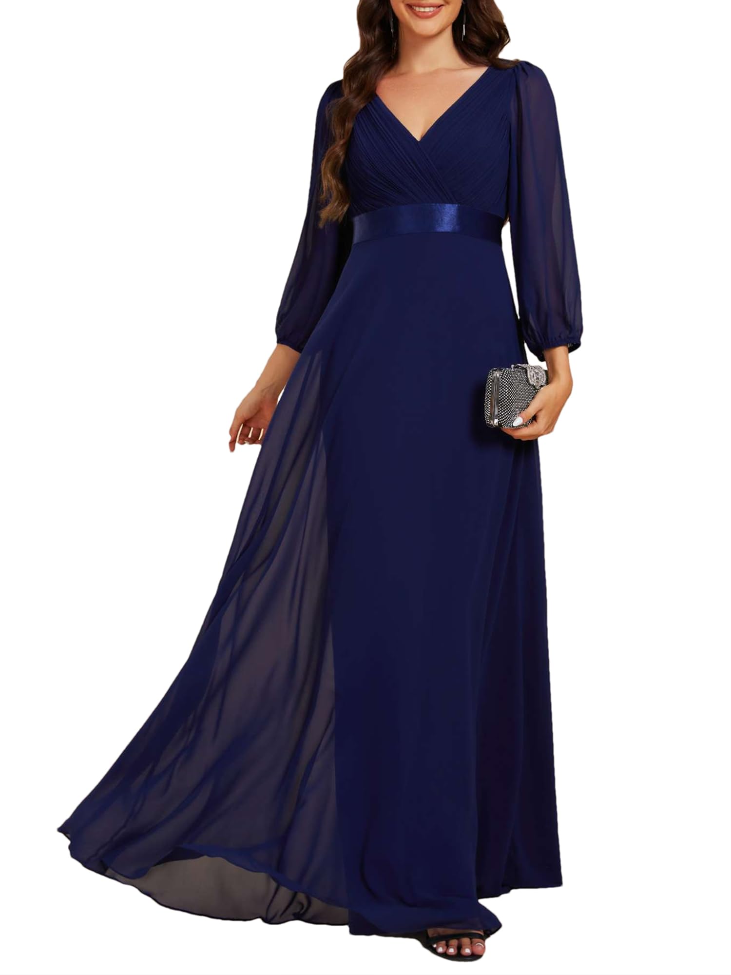 Vestito Da Sera Elegante Ever-Pretty - Abito Lungo In Chiffon Con Maniche Lunghe E Cintura, Per Cerimonie - Foto 4