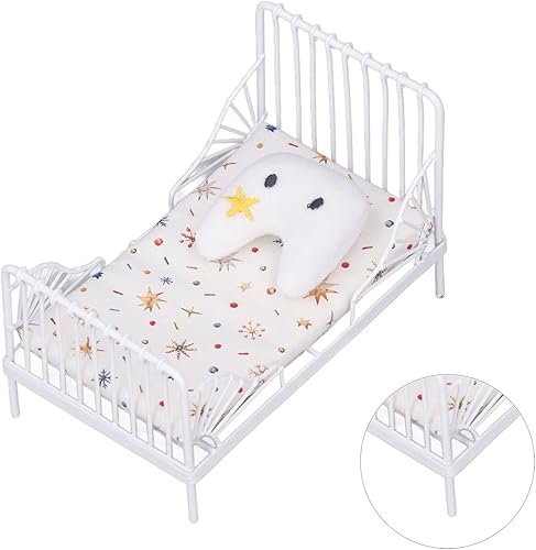 Miniatura 3 de RiToEasysports Casa de muñecas a escala 112, mini juego de cama de muebles decorativos con marco de metal, cama en miniatura realista, muebles