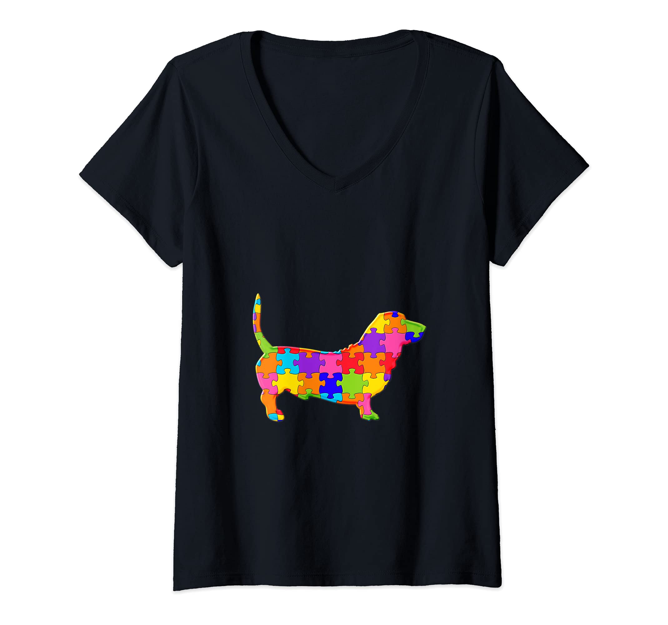 Womens Dog Pet Animal Jigsaw Autism Puzzle V-Neck T-Shirt