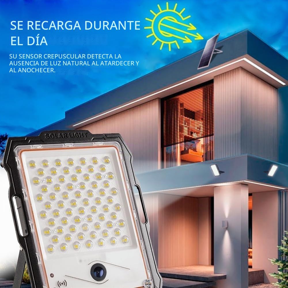 M Ledme - Foco Proyector Led Solar Con Cámara Jeff 300W, luz fría (6000k), Sensor de movimiento/crepuscular, 1080P, Impermeable IP67, 2900lm, Control remoto con App, Para Patio, Jardín, Camino.