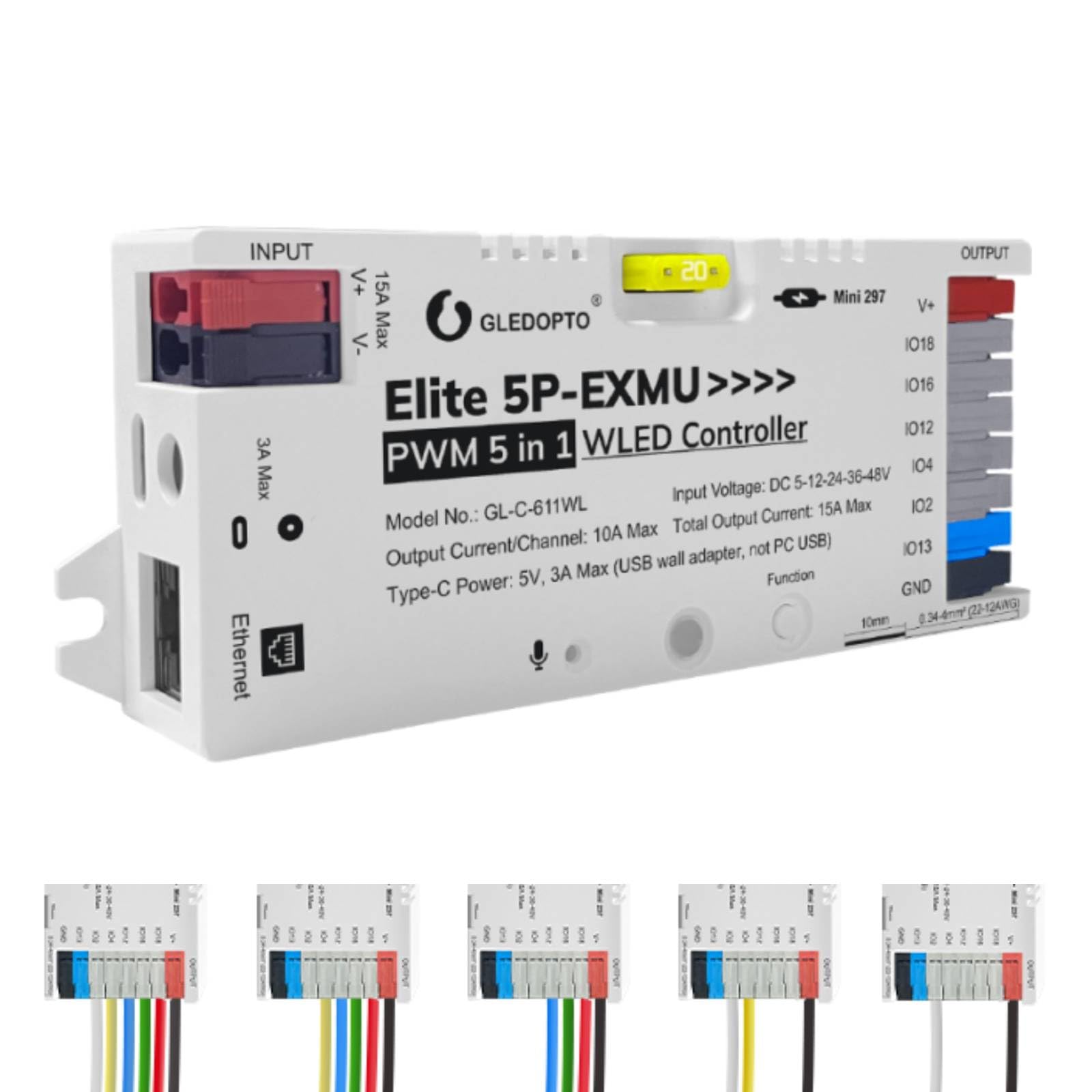 GLEDOPTO Contrôleur LED ESP32 WLED Élite 2D-MU, Relais Économie d'Énergie, Fusible 20A - pour Bandes LED Adressables WS2812B, SK6812, WS2815-611WL
