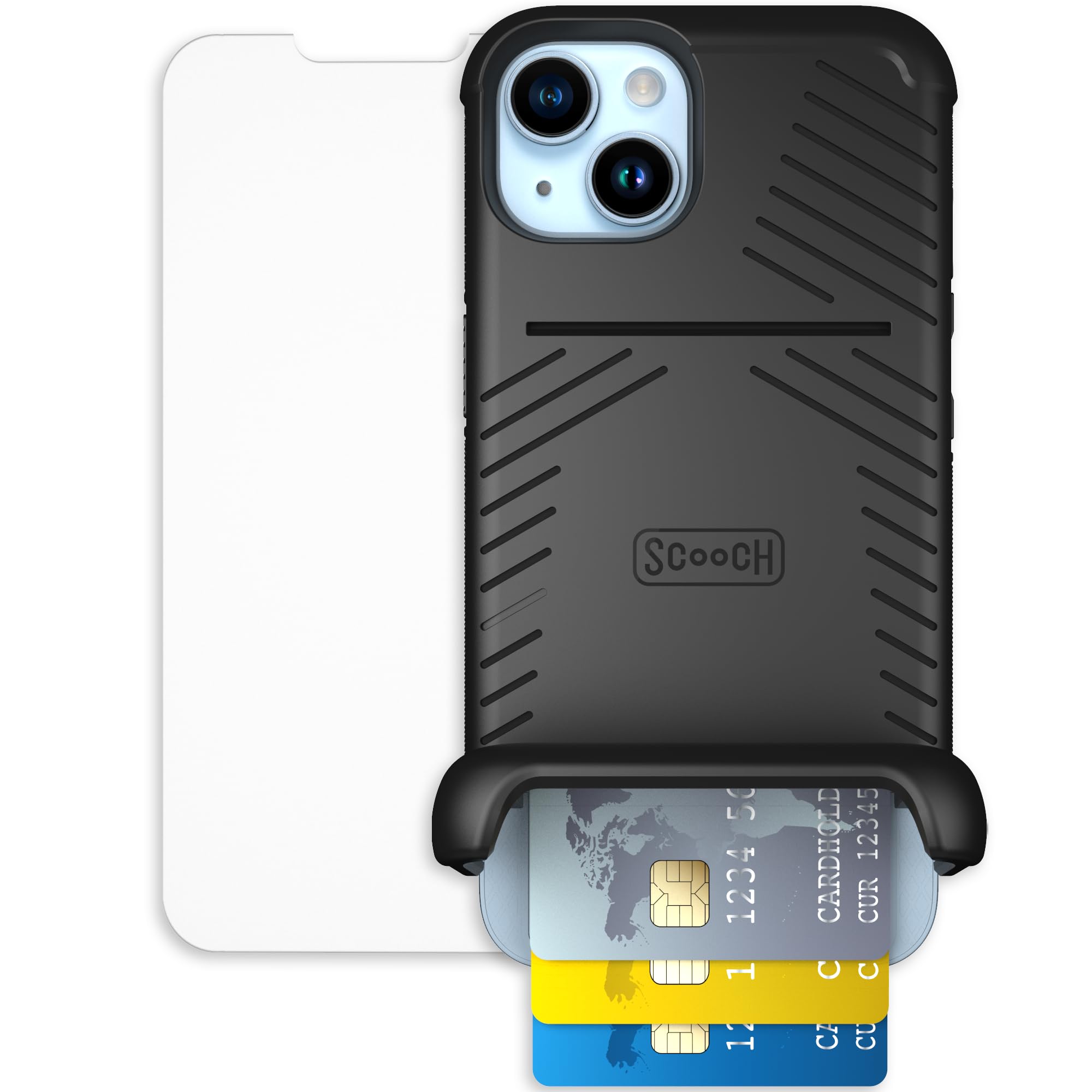 Scooch for iPhone 14 Case with Card Holder, Wingmate Wallet Case Black, Bundled with Tempered Glass Screen Protector