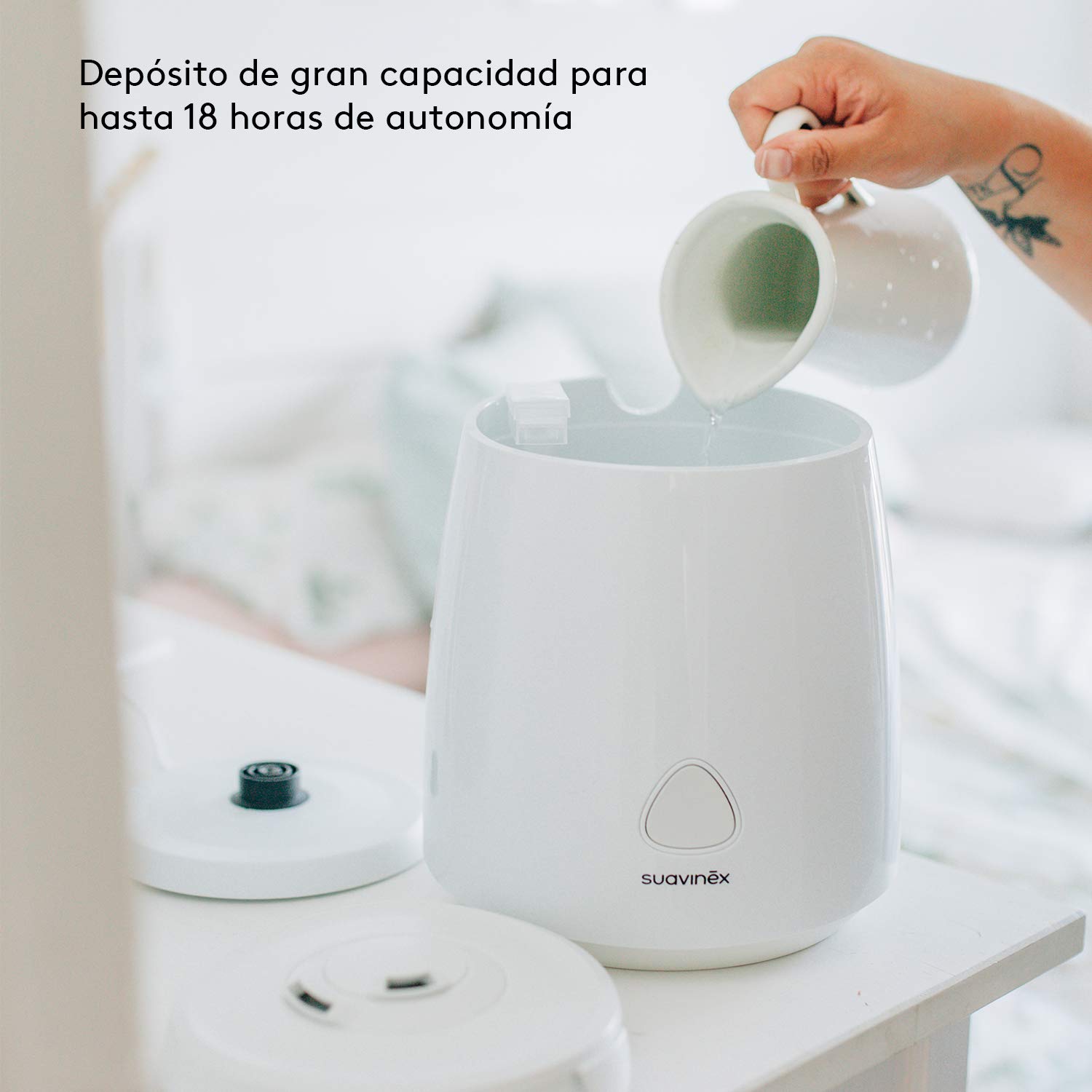 Suavinex, Humidificador Bebés, Humidificador Silencioso, de Vapor Frío, Ultrasónico, Aromaterapia, Luz Nocturna, Gran Autonomía, Control de Potencia, 2.2L, Blanco