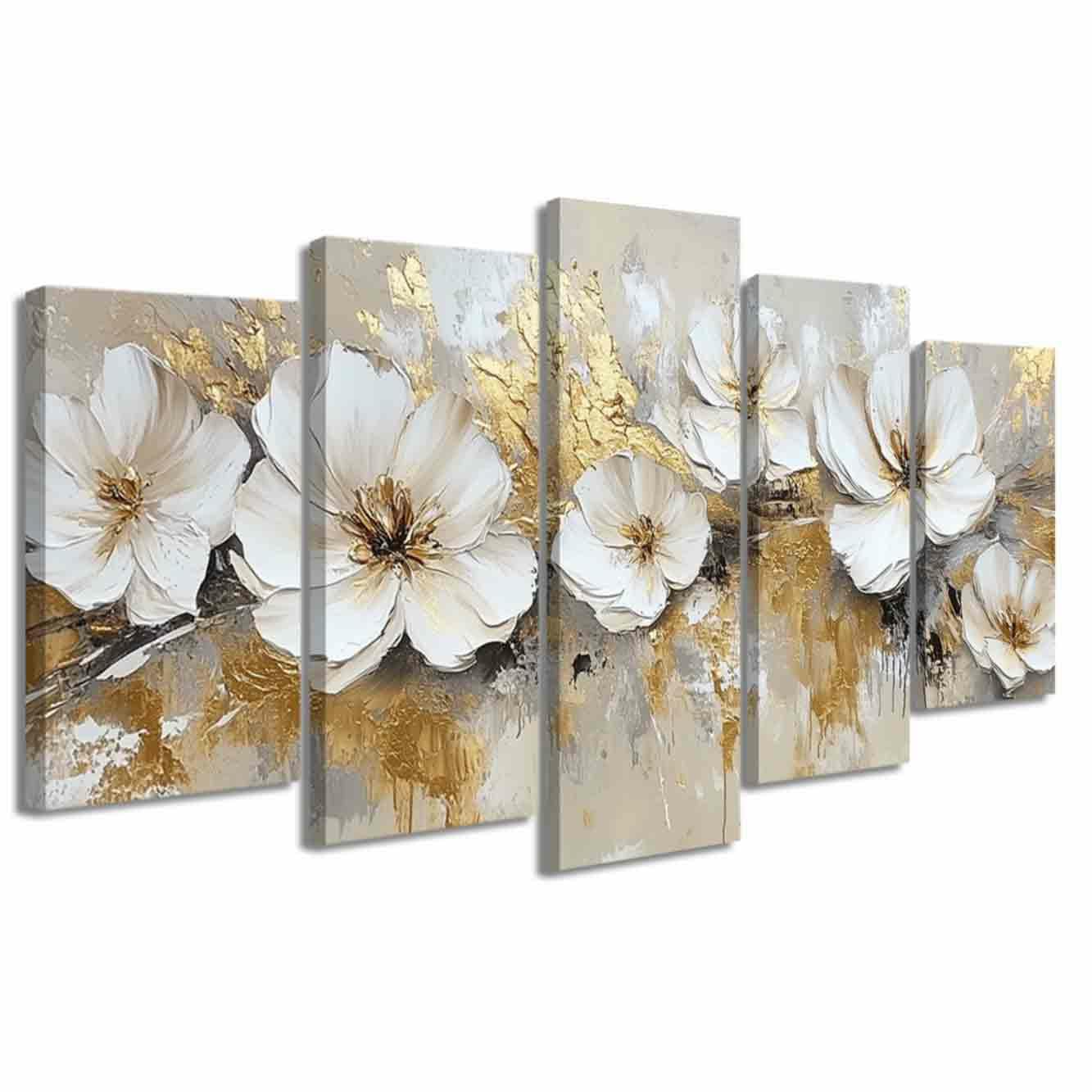 LZIMU 5Pcs Large White and Gold Abstract Flower Wall Art Modern Floral Picture Print Elegant Peony Blooming Canvas Painting Luxury Artwork Living Room Decor (Silver, (16x24inx2 16x32inx2 16x40inx1))