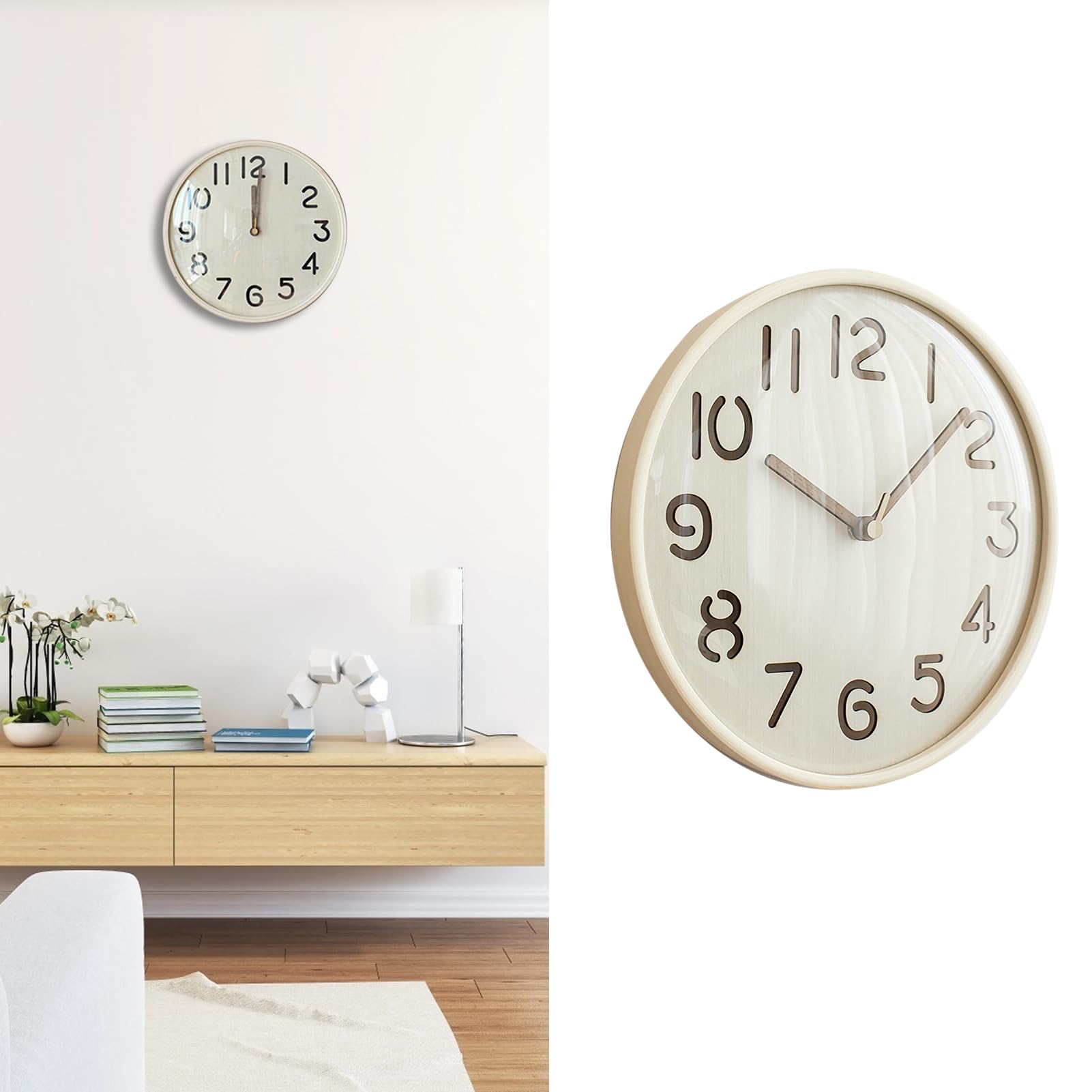 Horloge murale en bois de 12 pouces pour salon et cuisine design chaleureux