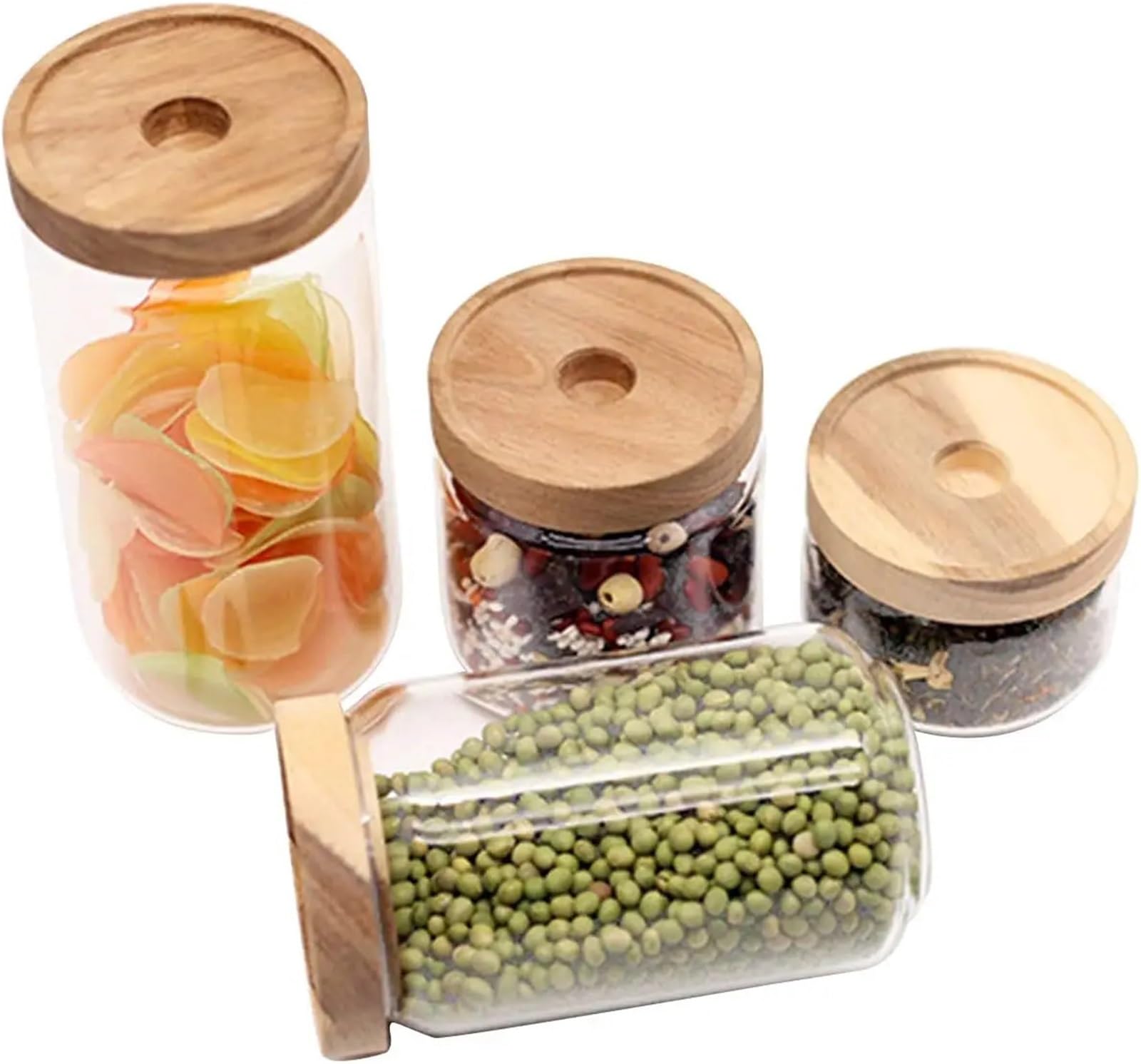 Tarro De Caramelos Juego de 4 tarros de Cristal for Dulces, tarros de Cocina for Almacenamiento, Botes con Tapa de Madera hermética for café, té y Dulces para Guardar Caramelos