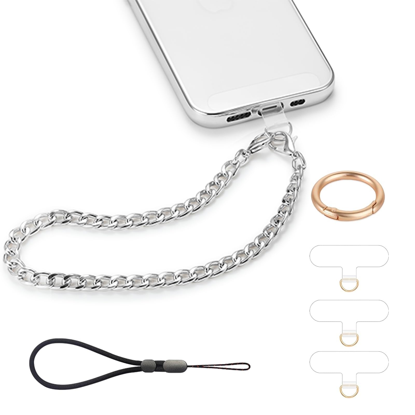 Phone Charm with Gold Metal Chain Detachable Phones Lanyard Hand Wrist Strap Wristlet Adjustable Finger Grip Strap with 3 Patches Tether Universal for iPhone 17 16 Pro Max 15 Charms Silver