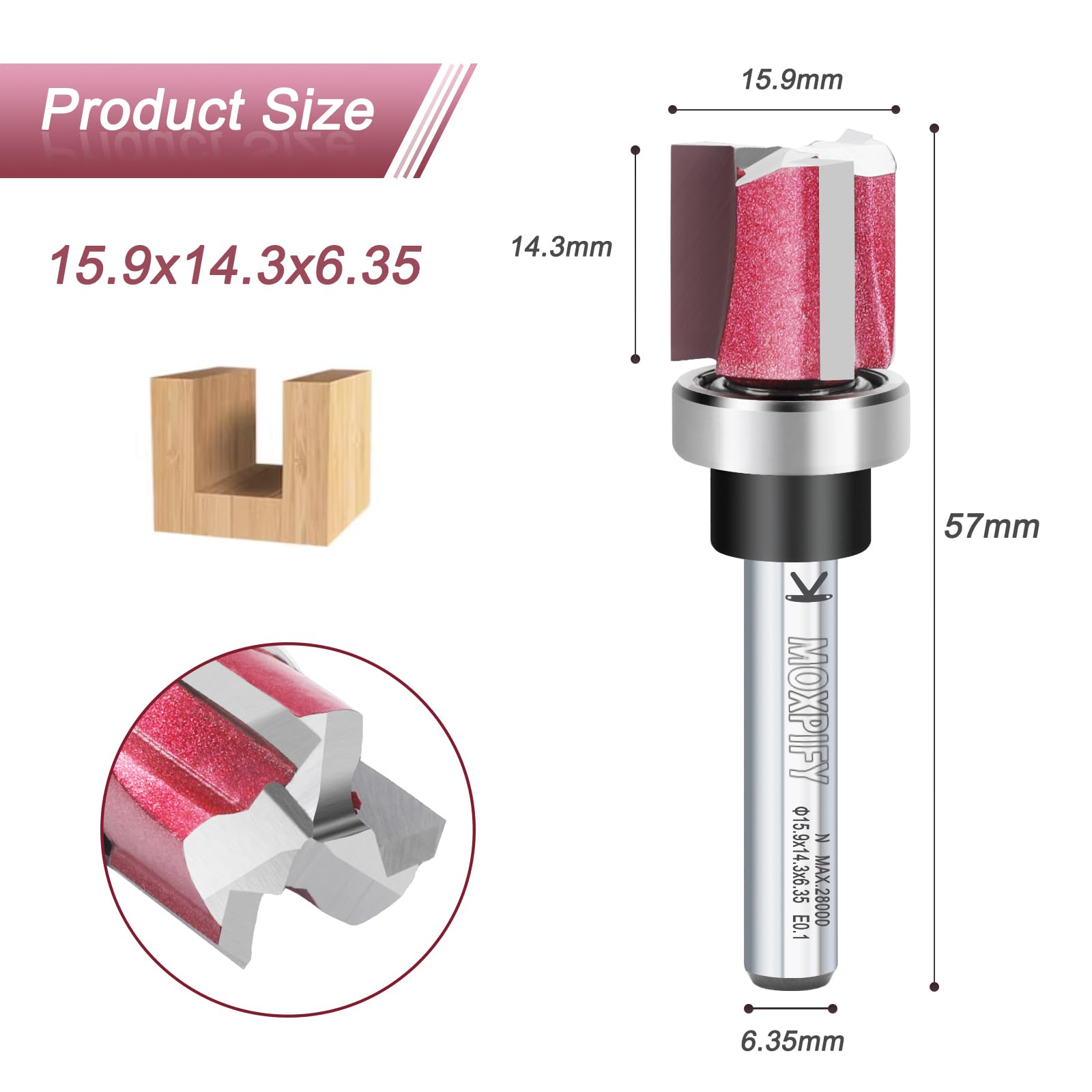 MOXPIFY Top Bearing Flush Trim Bit, 3-Flute Router Cutter 6.35mm Shank, 15.9mm Cut Diameter & 14.3mm Cut Length - Image 3