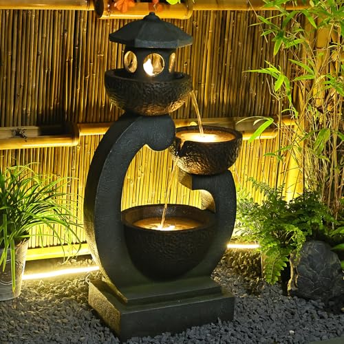 Tankana Water Fountain Outdoor Zen Feature - Garden Tranquil Pagoda Waterfalls Fountains Bowl with LED Lights & Pump for Patio Yard Porch Pool, Gray, 35.5 inches