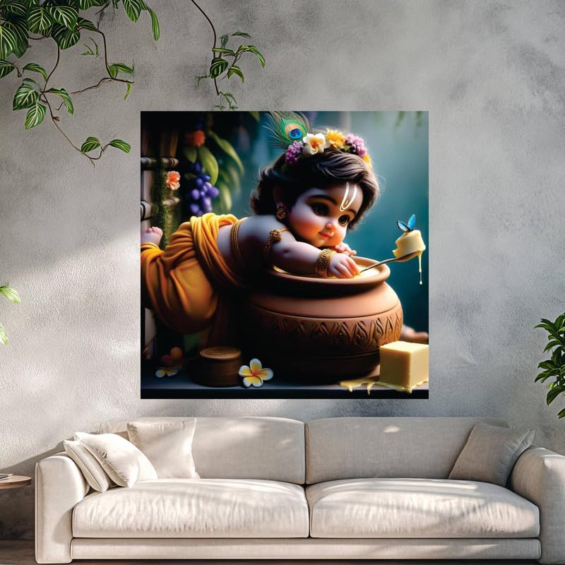 Image of British Terminal Cute little Bal Gopal Baby God Krishna| Kanha Ji | Laddu Lord Makhan Chor Painting Religious Poster for Pregnant Women for wall (matt thin vinyl,sticker,multicolor,unframed)| bj179