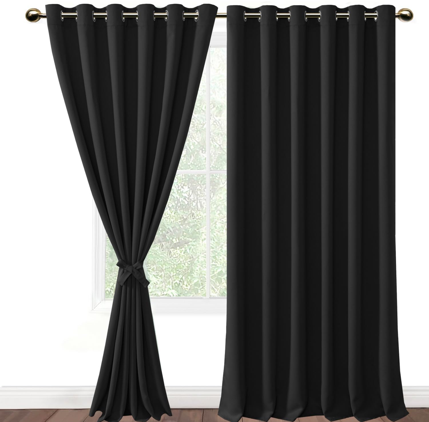 DWCN Black Blackout Curtains with Tiebacks for Bedroom Thermal Insulated Solid Eyelet Curtains for Living Room, 90" Wide x 108" Drop, 2 Panels โ image 1