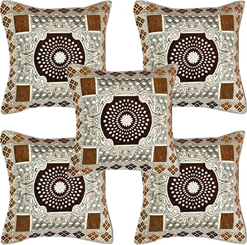 Image of SAWNA Homes Presents Beautiful Chenille Fabric Printed Designer Diwan Cover Sets (Single Bedsheet + 5 Cushion Covers 2 Bolster Covers) (Coffee)