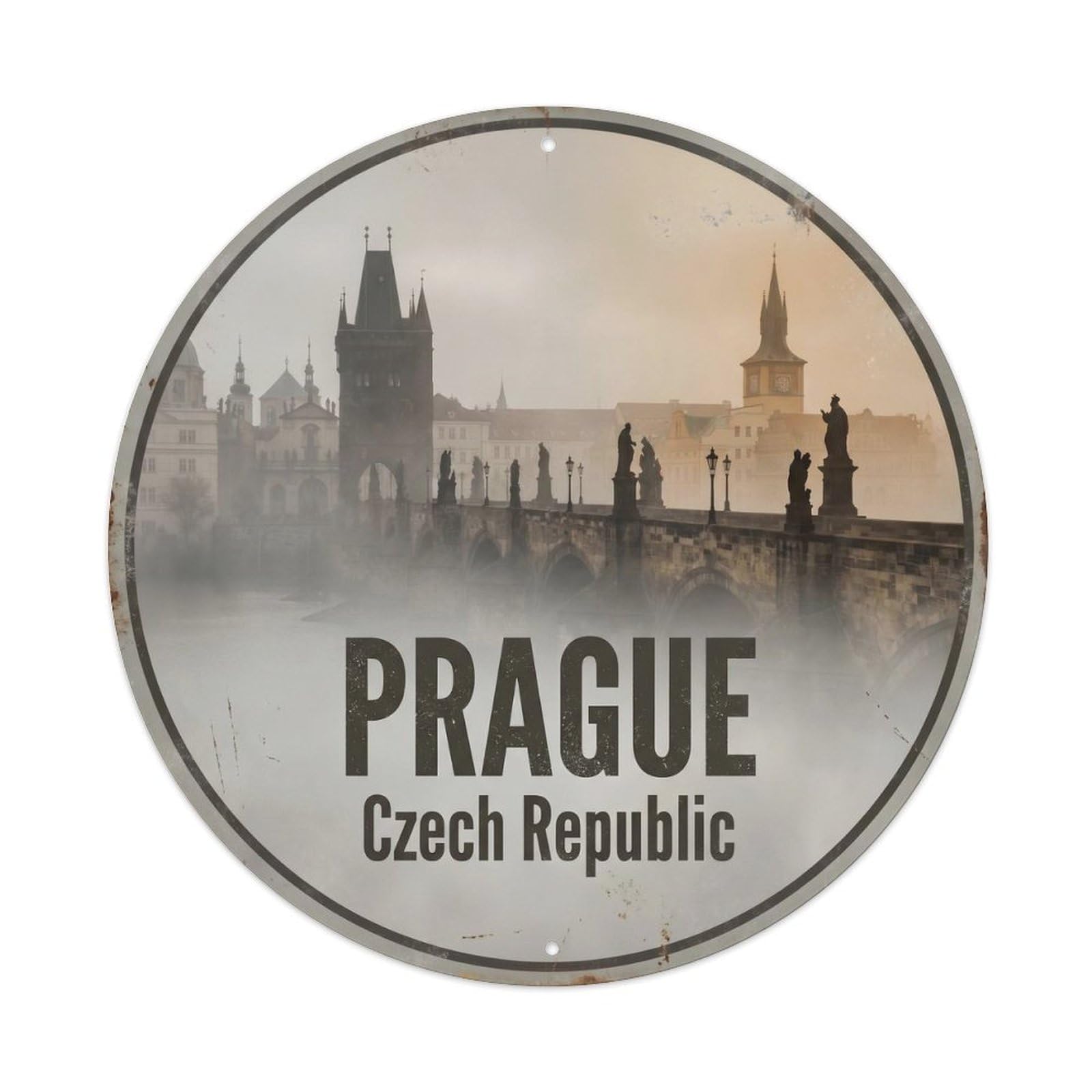Republic Prague Czech Tourism Heritage Scenic Landmark Metal Tin Sign Plaque Wall Decor for Cafe, Man Cave, Club Bar, Office, Home Garden Round Metal Poster 8x8Inch