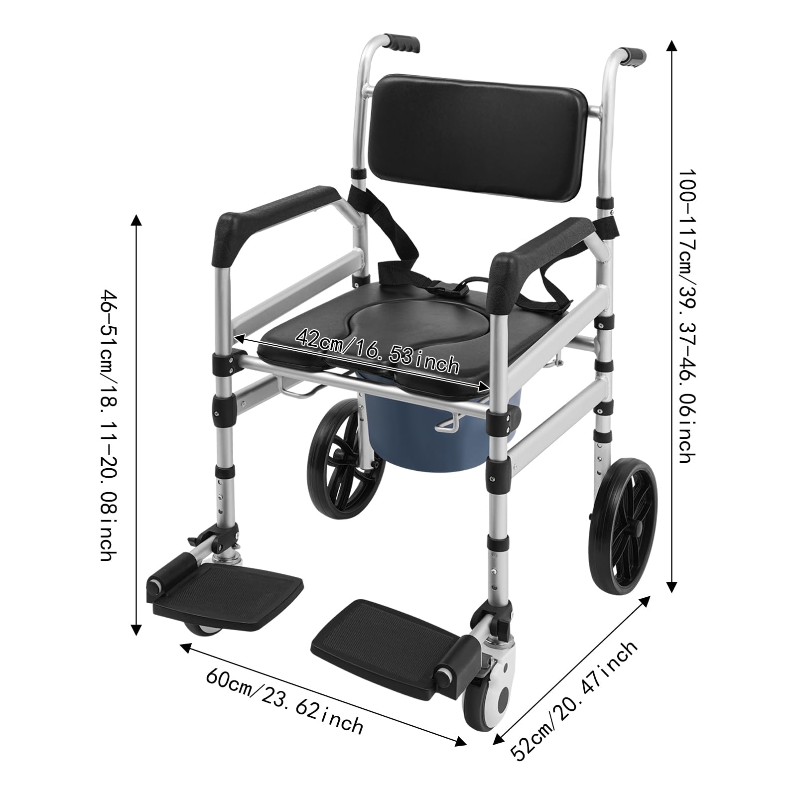 Sedia WC per anziani con ruote, sedia da doccia pieghevole con secchio WC regolabile in altezza in lega di alluminio, portata 150 kg