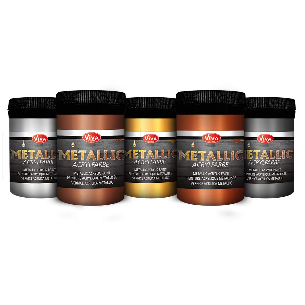 Metallic Acrylic Paint Set - Silver, Silver Grey, Gold, Bronze, Copper (5 x 100 ml) - Glamorous Metallic Effect, Also for Pouring - Made in Germany