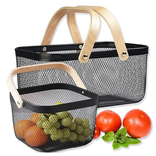 Cheardia 2 Pack Picnic Baskets, Metal Mesh Harvest Basket with Foldable Wooden Handle, Rectangle Garden Storage Basket Bin for Vegetable Fruit Garden Kitchen Cabinet Picking Gathering