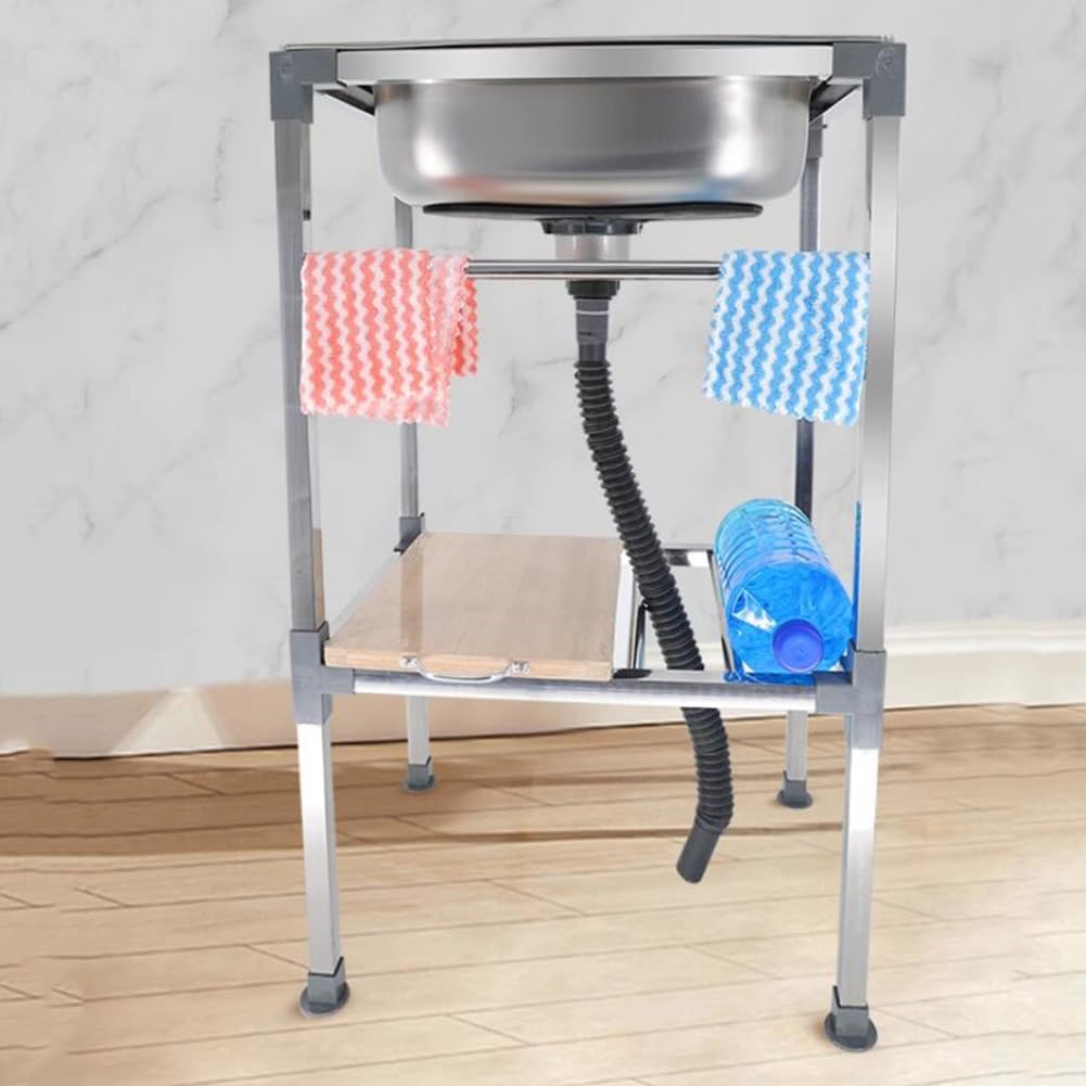zktoermn Petit Évier Utilitaire, Évier De Cuisine À Bol Unique en Acier Inoxydable Autonome, Equipé De Robinets Et D'étagères De Rangement, Buanderie Salle De Bain Ferme(Silver-B,48x35x83cm)