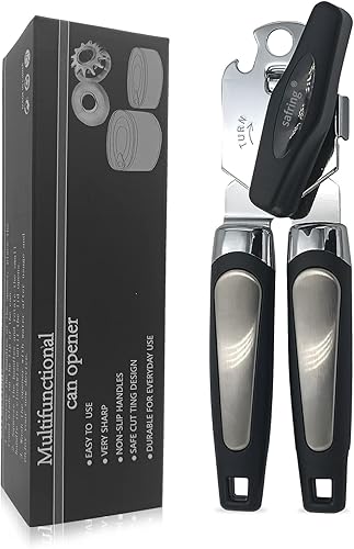 Safring Abridor de latas manual de acero inoxidable resistente mango cómodo hoja afilada borde liso abrelatas con abridor de botellas multifuncional