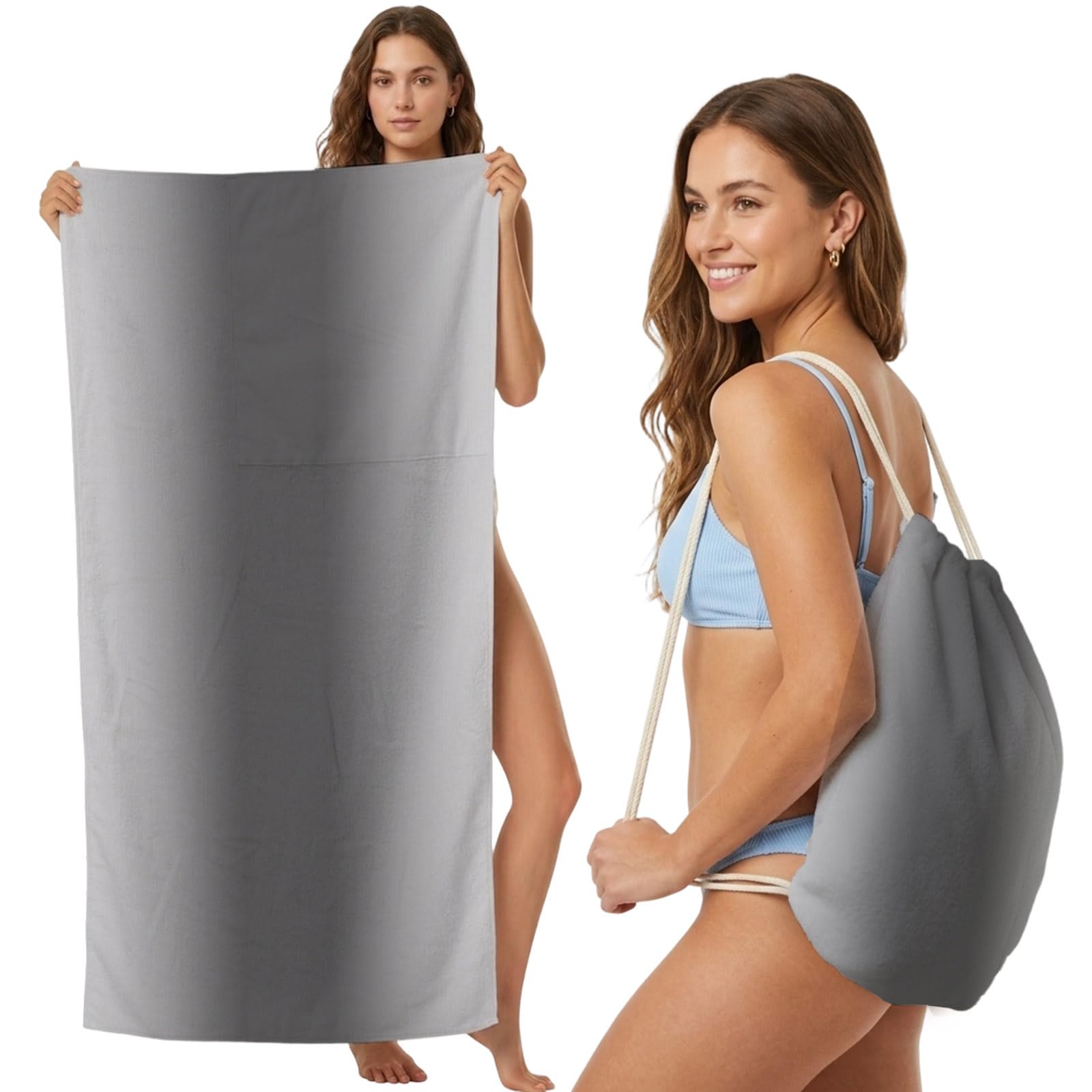 Beach Towel Bag 2 in 1 Gray Solid Color Bath Pool Towels Backpack Gradient Color Absorbent Beach Towel Soft Quick Dry Lightweight Packable Towels Drawstring Bag for Travel Camping Sports Yoga Picnic