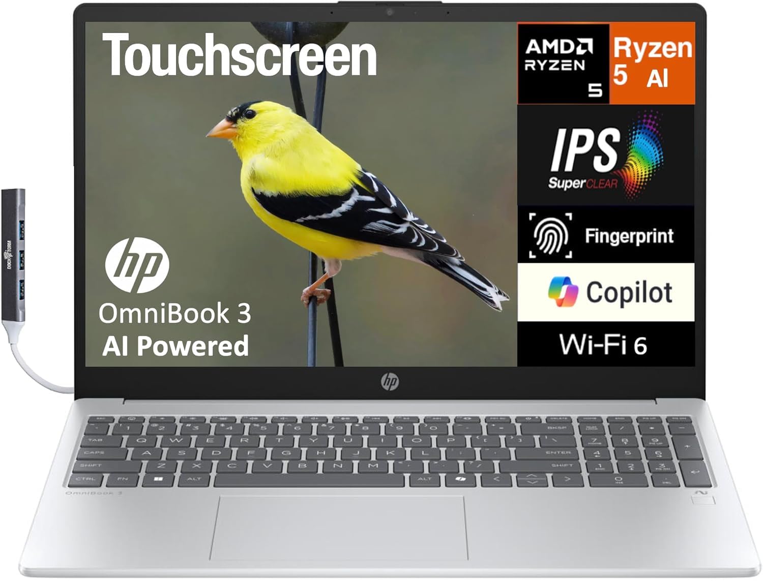 OmniBook 3 Copilot+ Laptop (Next Gen Pavilion) 15.6" Touch FHD Display (AMD Ryzen AI 5 330 (> Snapdragon X), 16GB DDR5, 512GB SSD, Radeon 820M, Fingerprint, Win 11 Pro) w/DKZ USB Port Expander