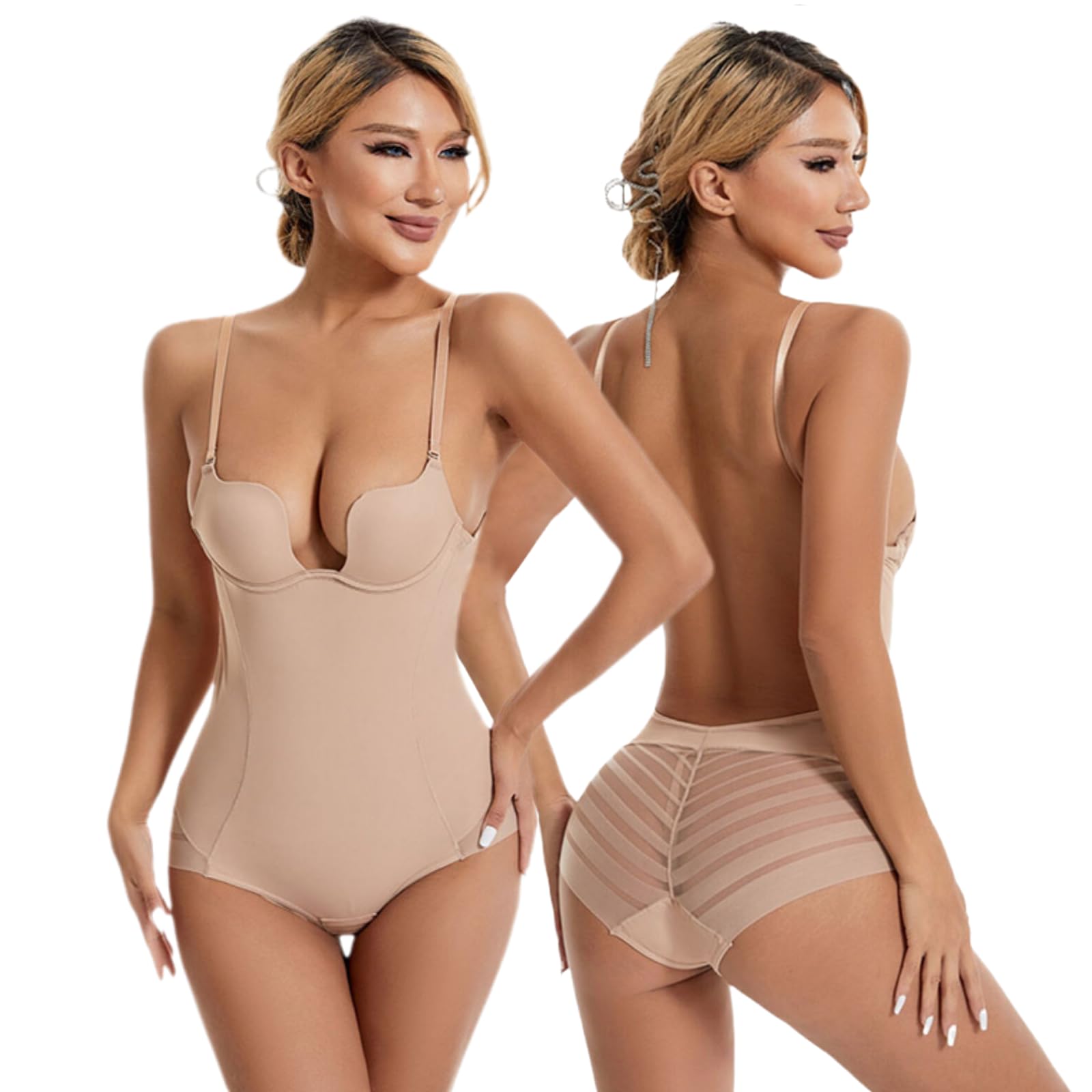 CHYRLRIE Shapewear Bodysuit for Women Deep U-Plunge Built-in Bra Tummy Control Shapewear Backless Body Shaper