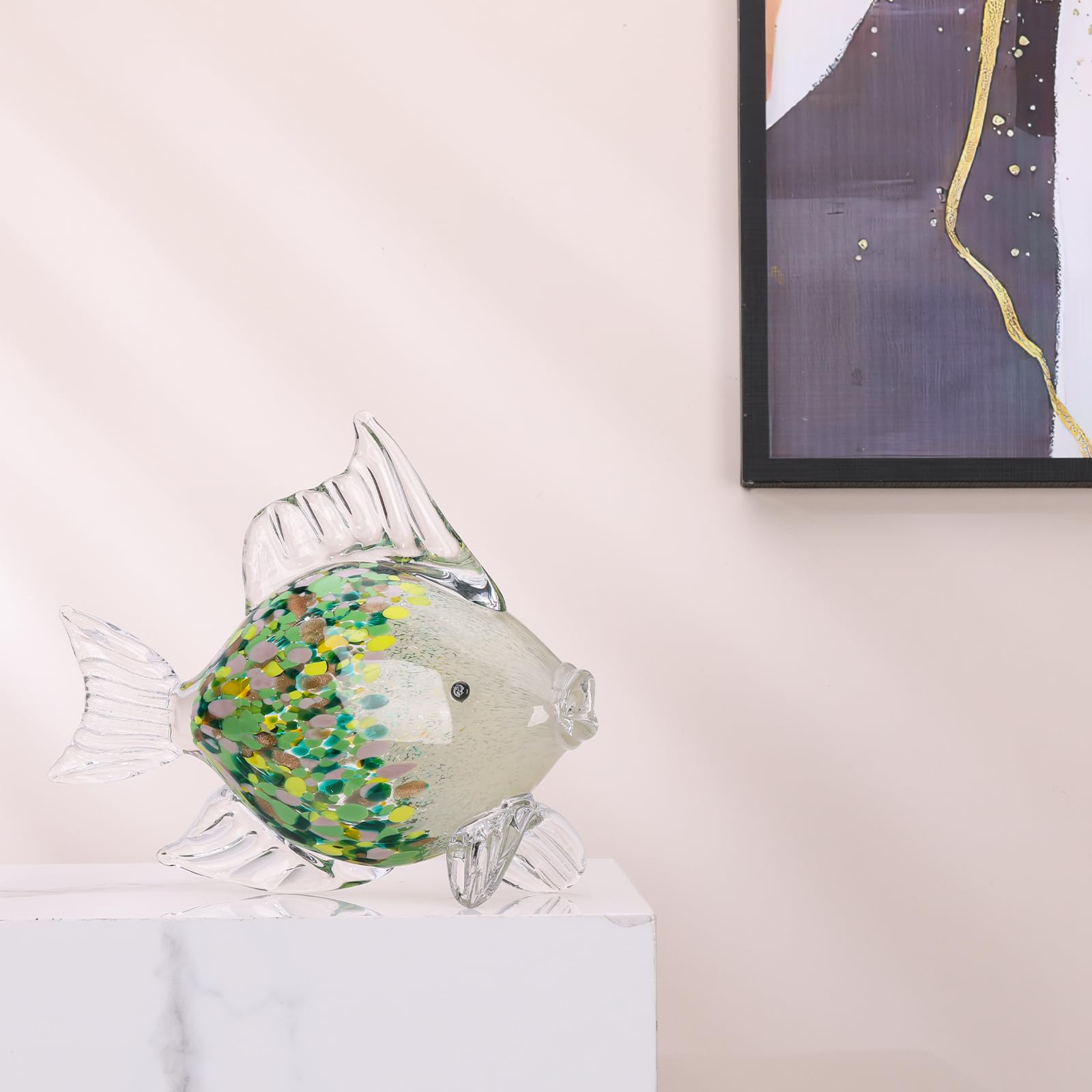 Figuras grandes de peces de vidrio soplado a mano, decoración de peces de cristal tropical, arte de cristal de mar, escultura de estatua de pez verde esmeralda, decoración moderna para el hogar, para