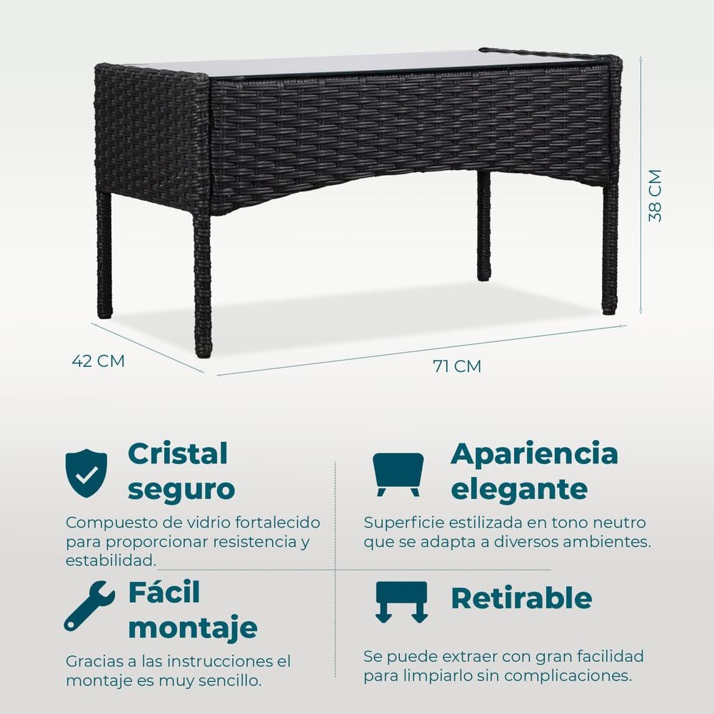 YOEVU Set Jardín 4 Piezas Ratán Sintético Antracita | Sofá y Sillas con Cojines Lavables, Mesa Cristal Templado, Resistente Agua/Sol, Ideal Terraza, Patio, Balcón