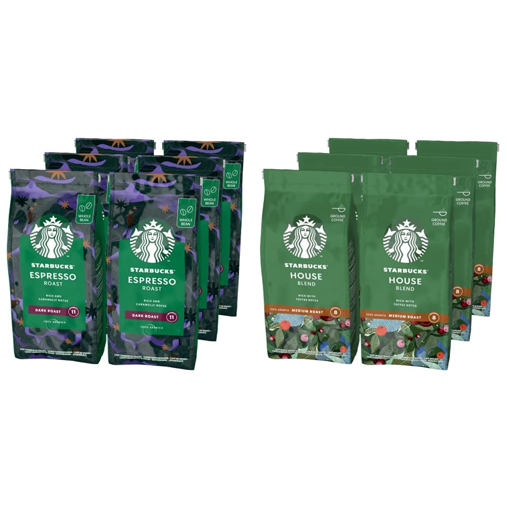 Starbucks House Blend Café Molido De Tostado Medio 6 Bolsa de 200g & Espresso Dark Roast Café De Grano Entero De Tostado Intenso 6 Bolsa de 200g