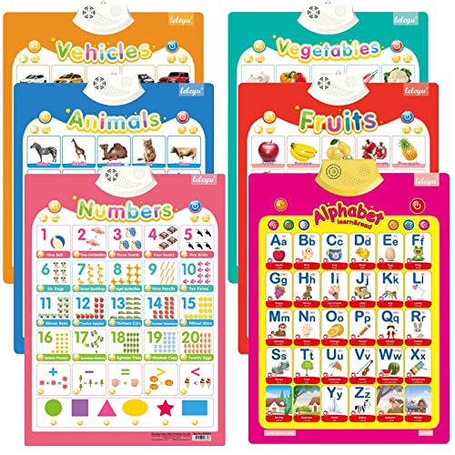 Image of 6Pcs Electronic Interactive Alphabet Wall Chart for Kids, ABC Learning for Toddlers,Learning Toys for Toddlers, Talking ABC,123s,Animal,Fruits,Vehicles & Vegetables Poster,Preschool Gifts for Kids