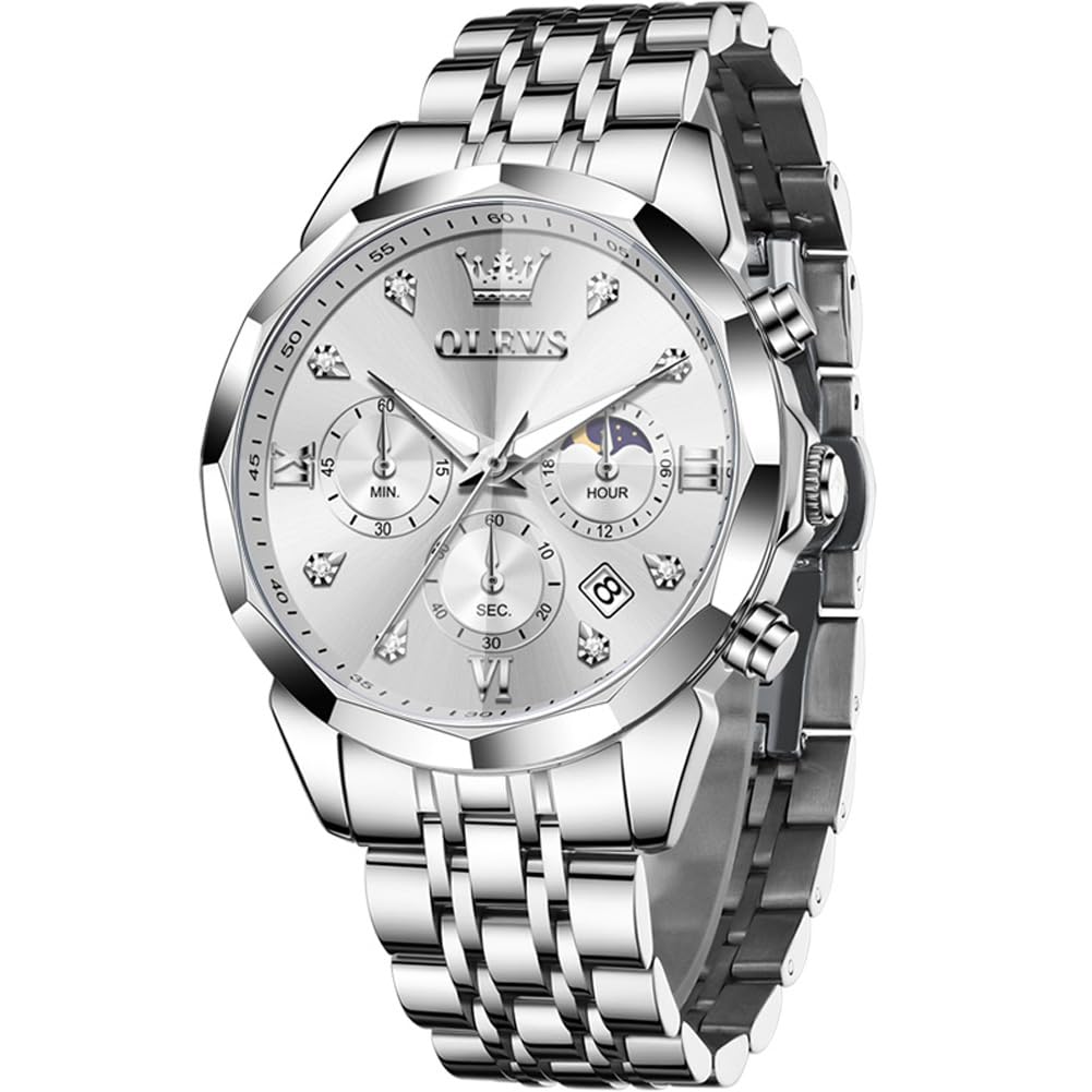 OLEVS Männer Uhr Quarz Luxus Business Uhren Multifunktion Chronograph Mondphase wasserdicht Leuchtend Edelstahl Armbanduhr