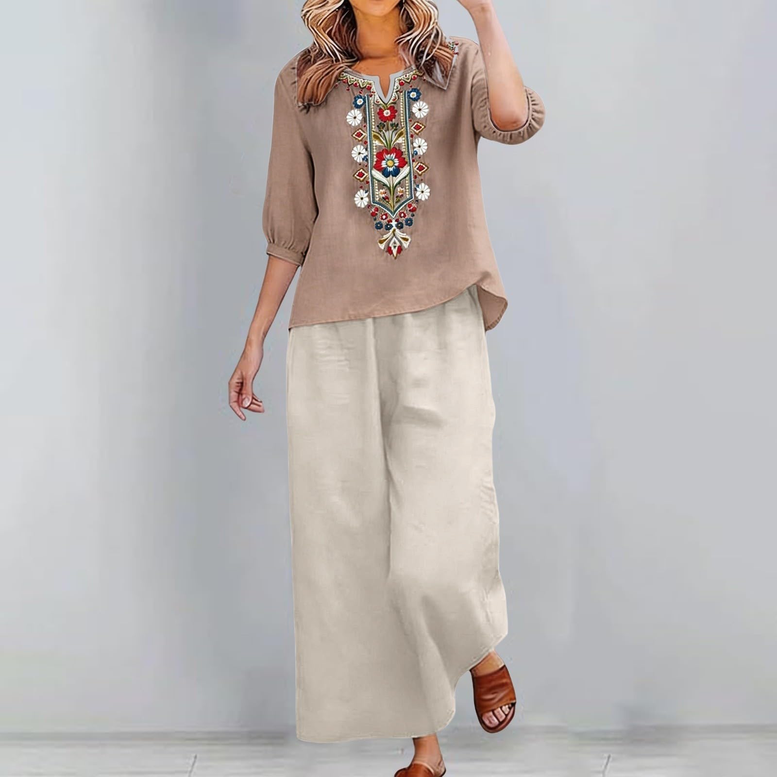 Conjunto Mujer Vestir Dos Piezas, 2026 2 Piezas Talla Grande Conjunto de Verano Otoño Algodón y Lino Camiseta de Manga 3/4 y Pantalones Ancho Suelto Oficina Casual Traje Color Sólido Cómodo Set