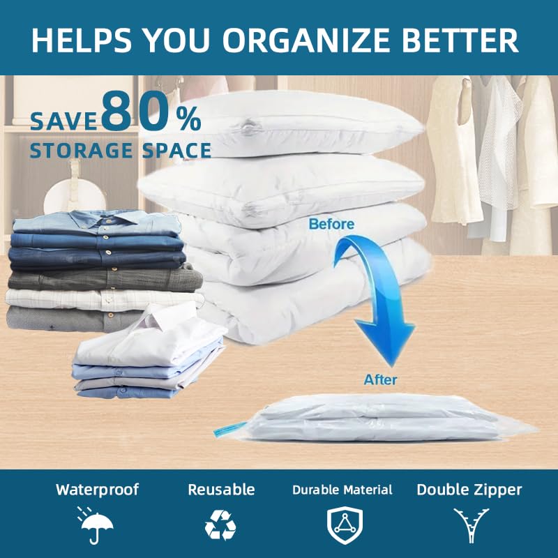 10 Pack Vacuum Storage Bags with Hand Pump,Double zipper sealing, 2 Jumbo + 4 Large + 4 Medium Vacuum Seal Bags for Clothing,Blankets,Comforters (10, Electric Pump)