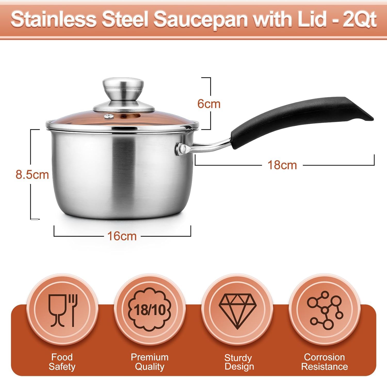 Homikit Saucepan Stainless Steel, Professional Sauce pan with Glass Lid and Heatproof Handle - Image 2