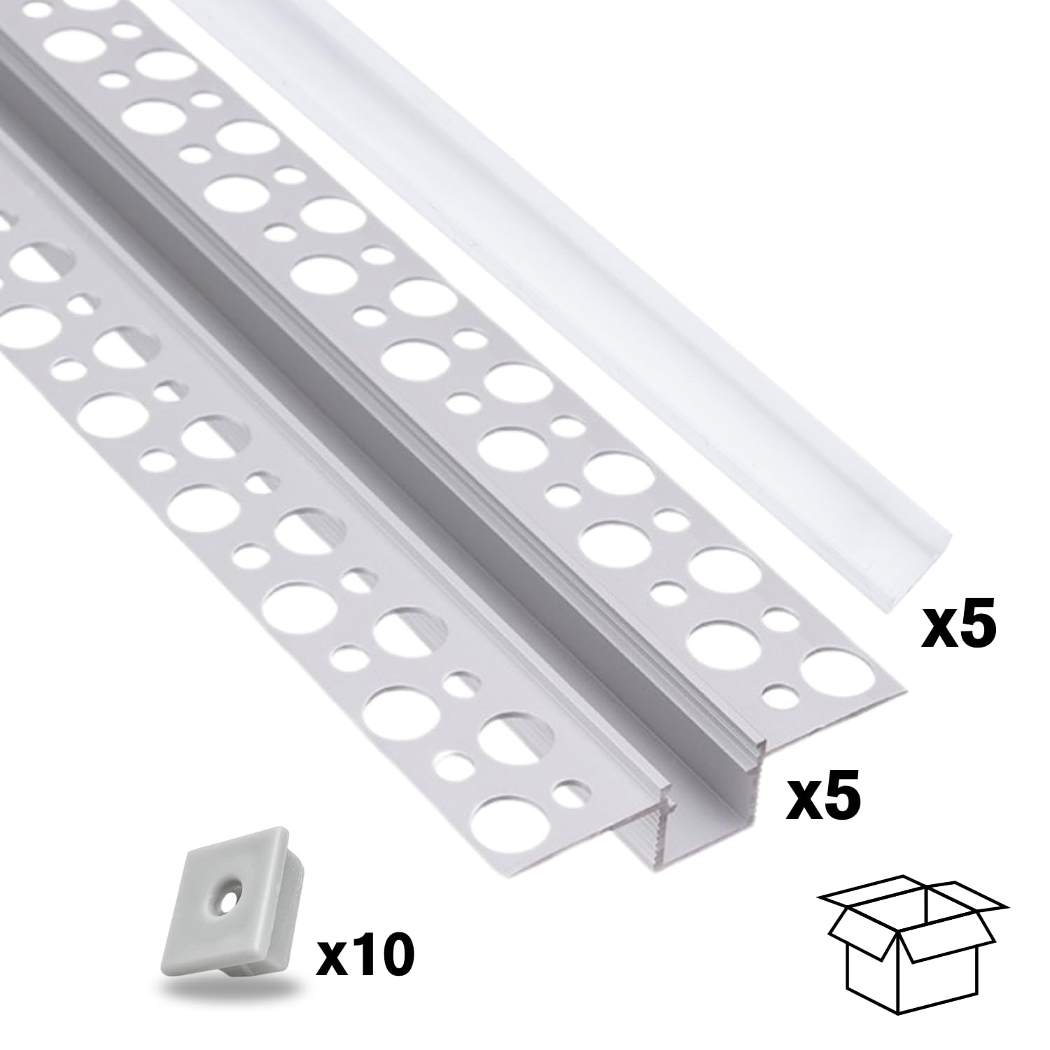 Evotrade – Confezione Promo 2M x 5 Profili LED in Alluminio per Cartongesso 10M Totali con Cover Opalina e Tappi Inclusi – Installazione ad Incasso a Scomparsa, Luce Continua ed Elegante
