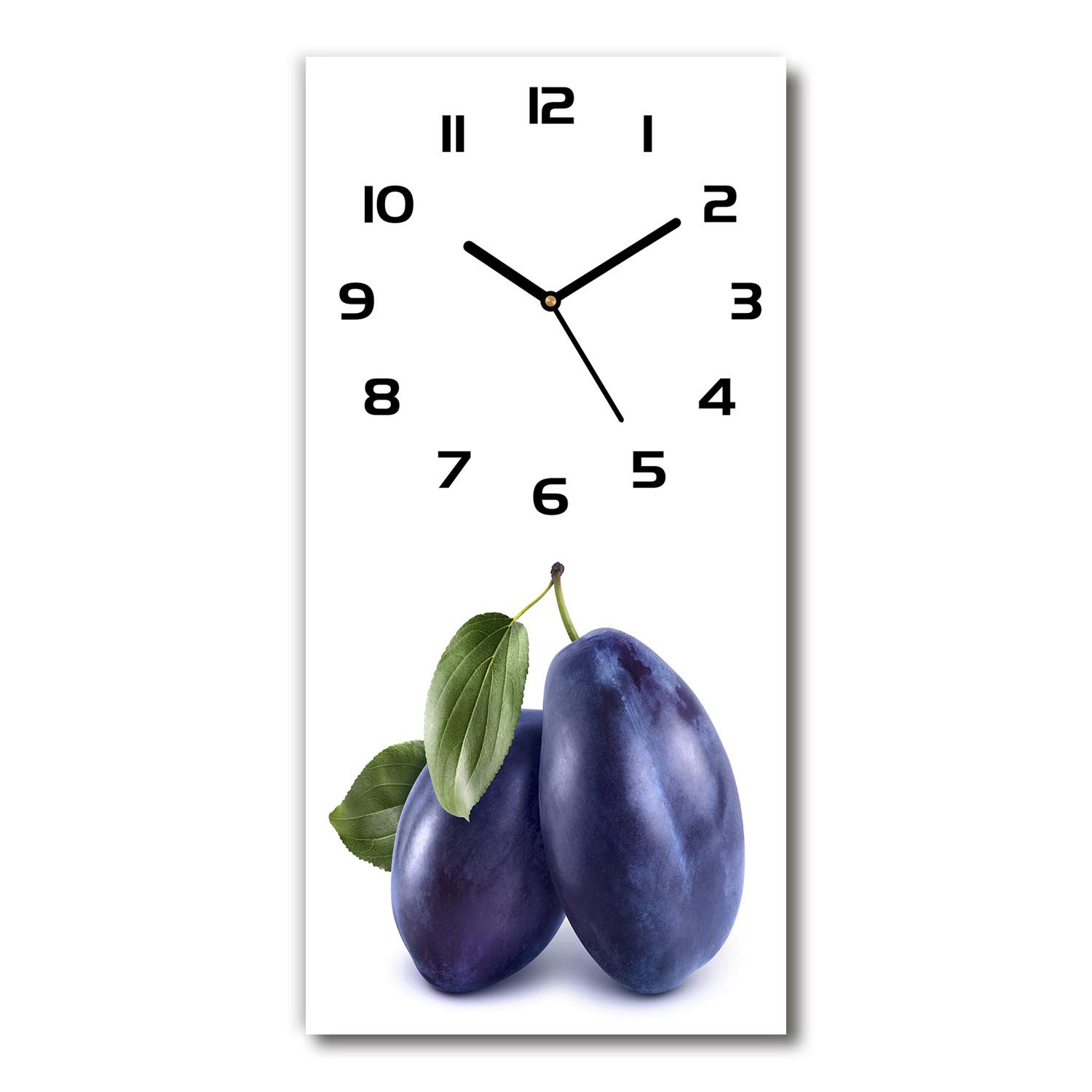Horloge en verre 30x60 cm prunes avec aiguilles noires et support salon