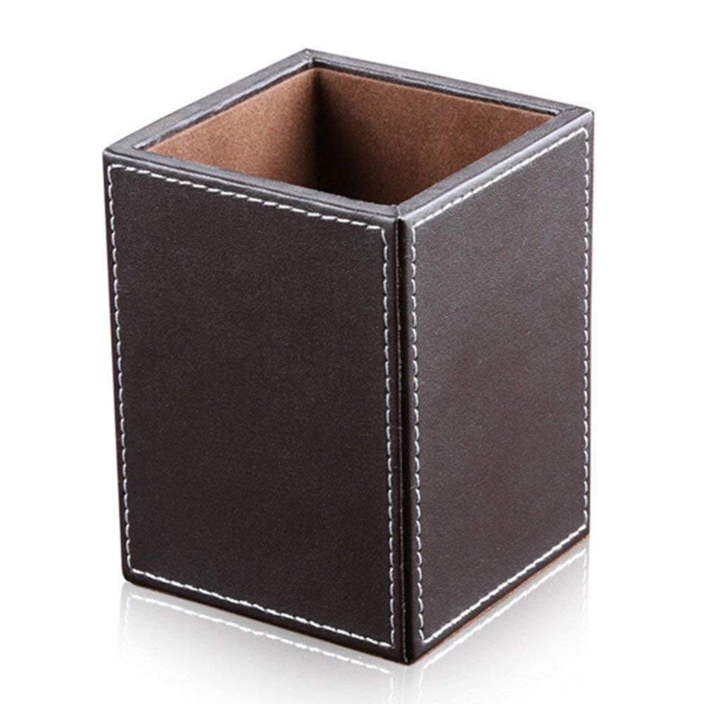 JINGYAN Pencil Holders Brown Leather Square Pens Pencils Holder Cup Desktop Stationery Organizer Case Office